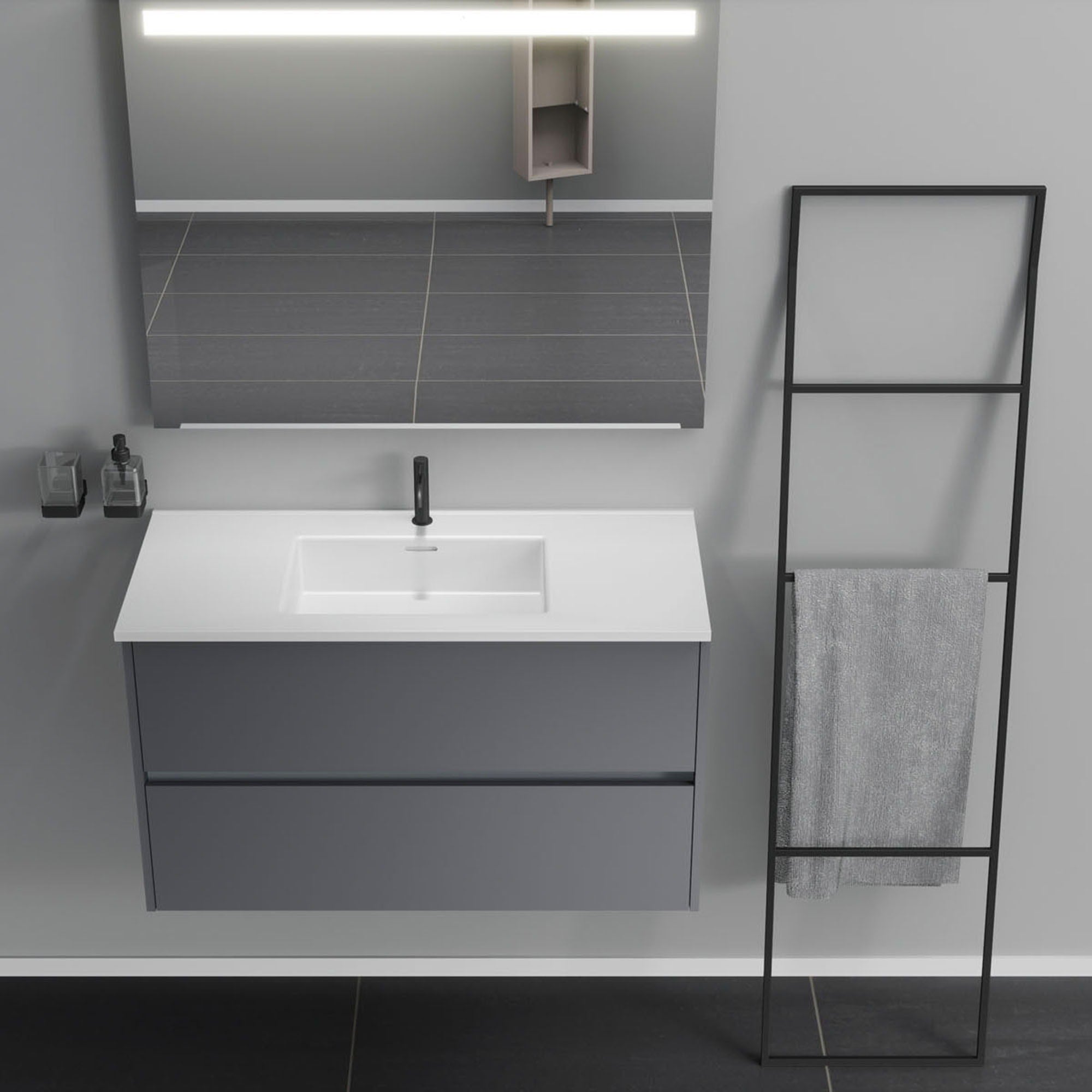 Inda - Mobile bagno 2 cassetti L.100 con lavabo specchio illuminato - Titanio opaco