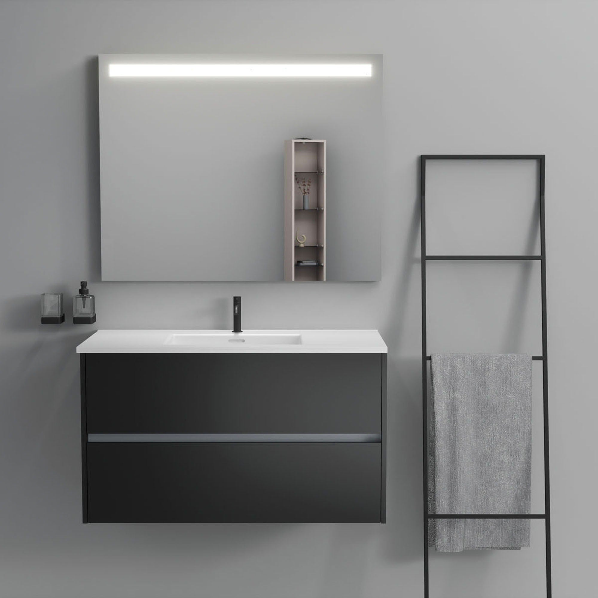 Inda - Mobile bagno 2 cassetti L.100 con lavabo specchio illuminato - Nero opaco