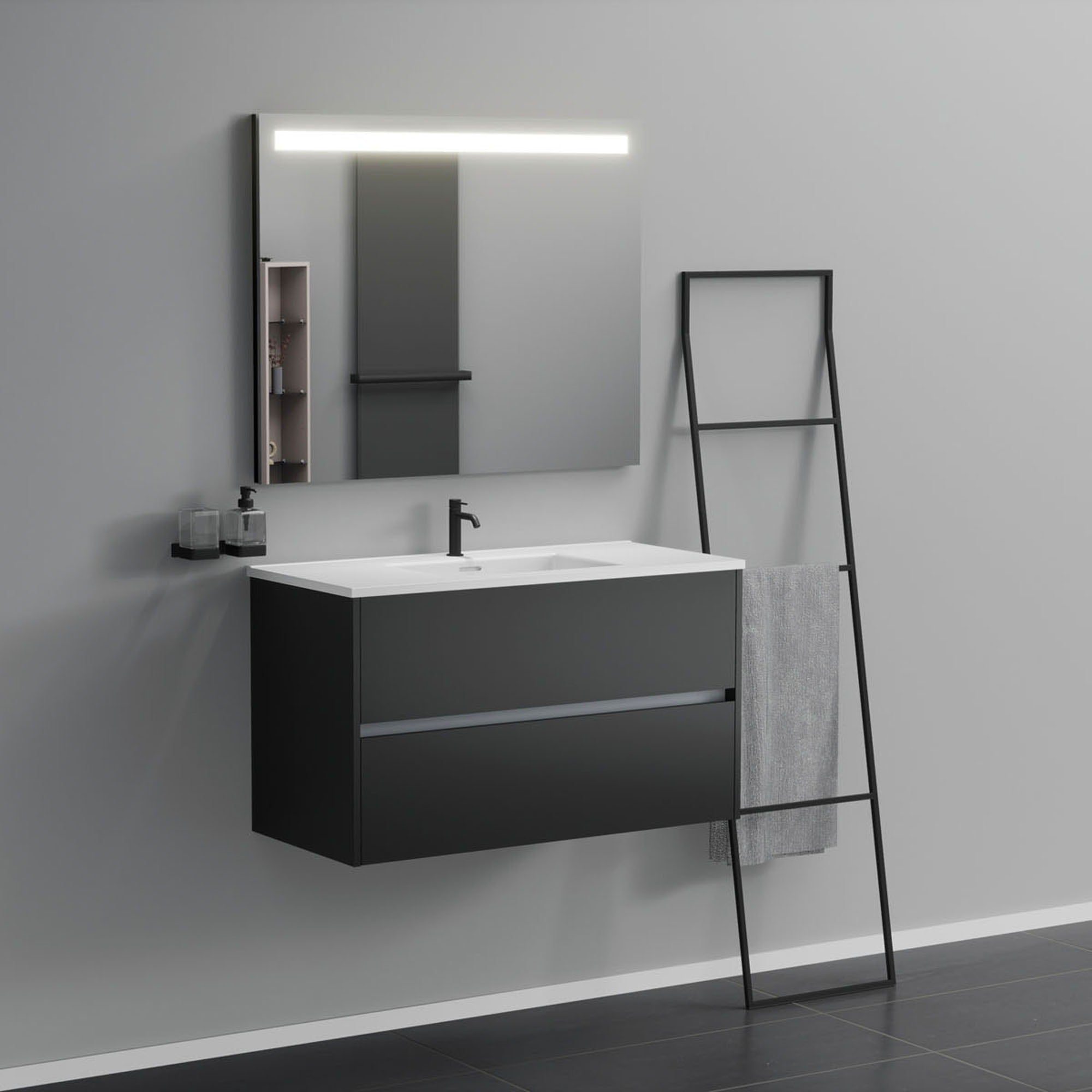 Inda - Mobile bagno 2 cassetti L.100 con lavabo specchio illuminato - Nero opaco