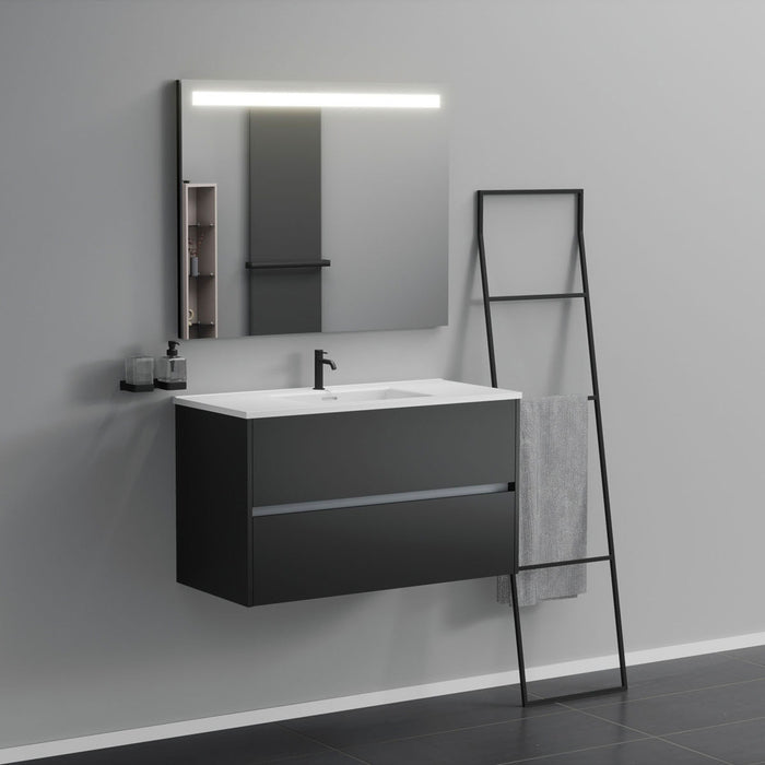 Inda - Mobile bagno 2 cassetti L.100 con lavabo specchio illuminato - Nero opaco