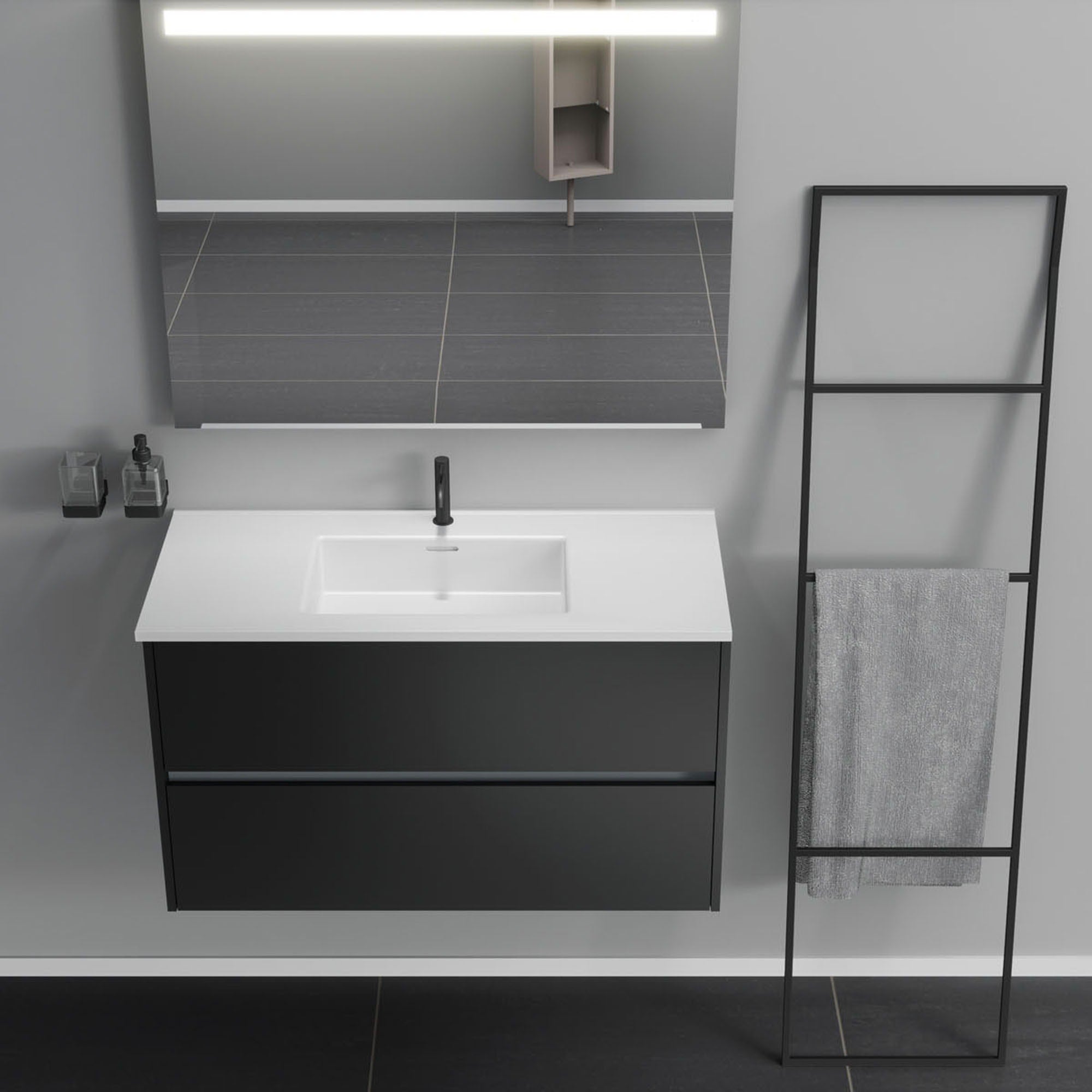 Inda - Mobile bagno 2 cassetti L.100 con lavabo specchio illuminato - Nero opaco