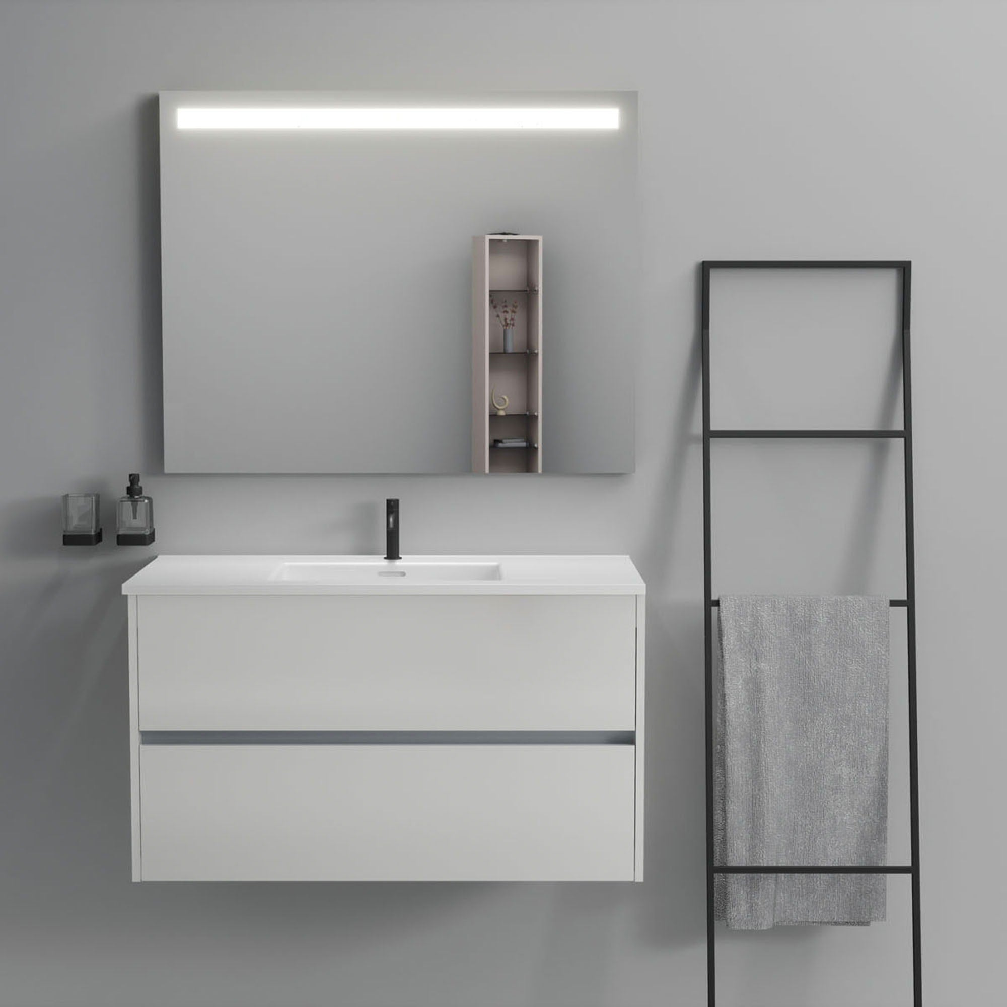 Inda - Mobile bagno 2 cassetti L.100 con lavabo specchio illuminato - Bianco lucido