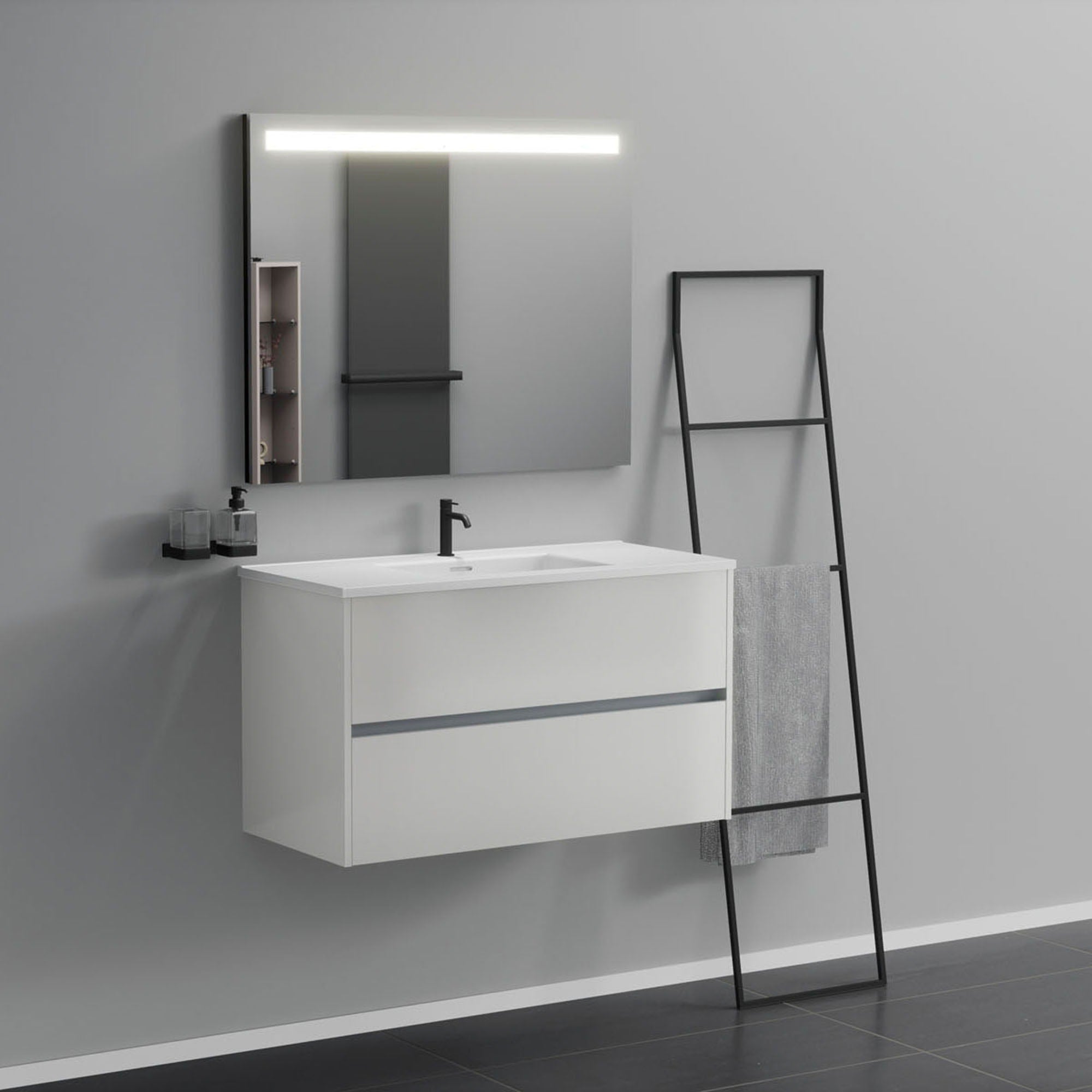 Inda - Mobile bagno 2 cassetti L.100 con lavabo specchio illuminato - Bianco lucido