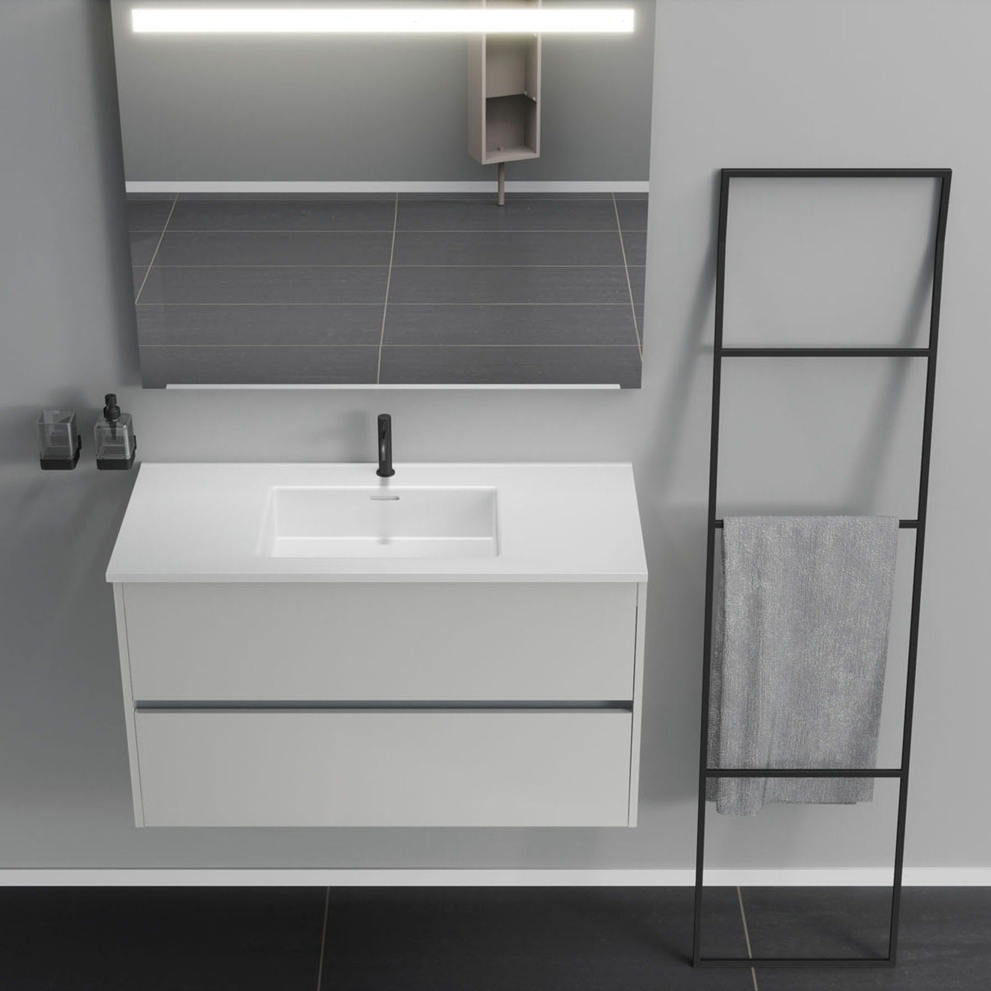 Inda - Mobile bagno 2 cassetti L.100 con lavabo specchio illuminato - Bianco lucido