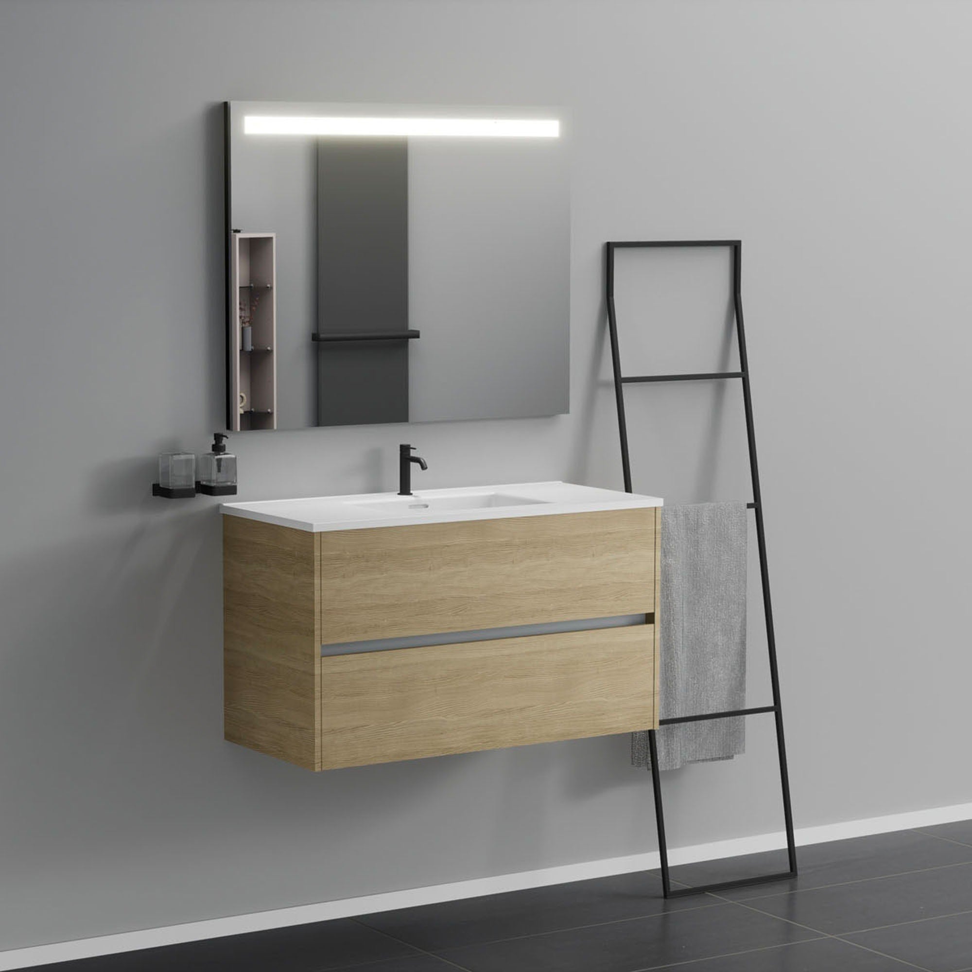 Inda - Mobile bagno 2 cassetti L.100 con lavabo specchio illuminato - Rovere naturale