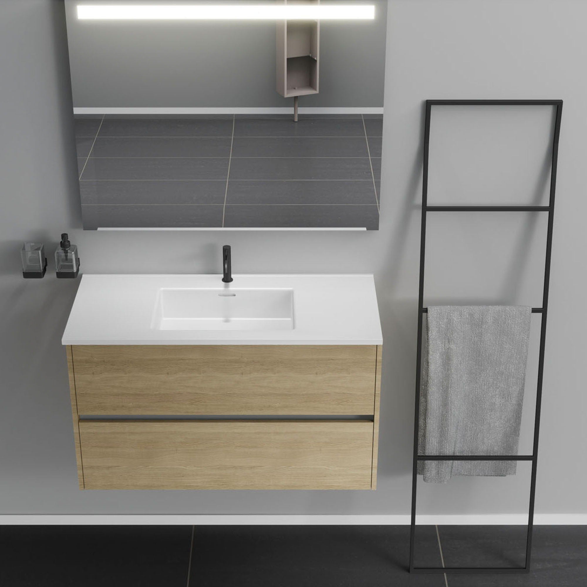 Inda - Mobile bagno 2 cassetti L.100 con lavabo specchio illuminato - Rovere naturale