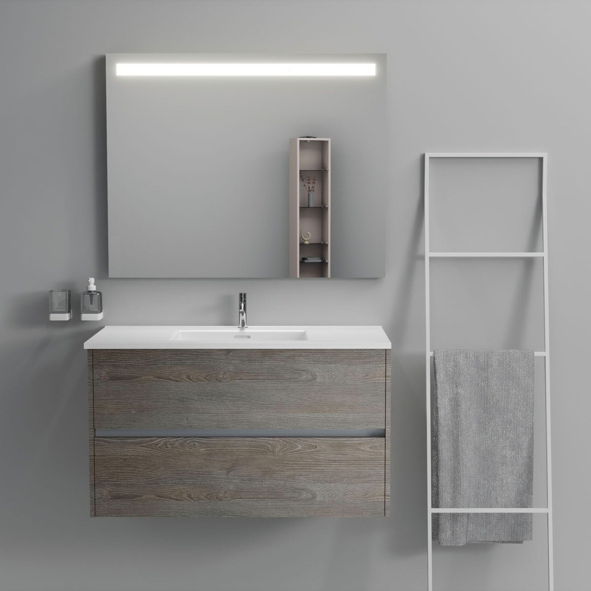 Inda - Mobile bagno 2 cassetti L.100 con lavabo specchio illuminato - Olmo fumè