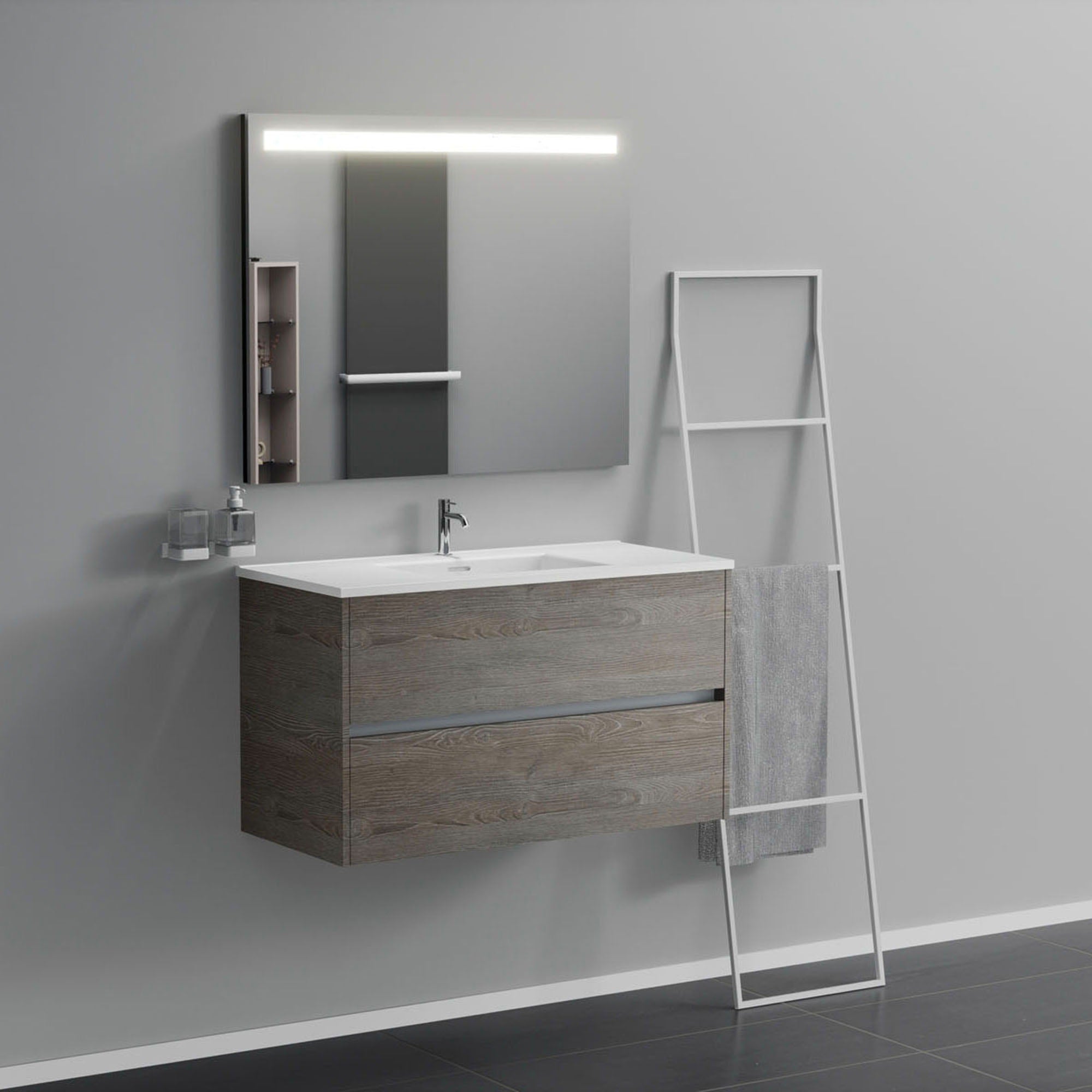 Inda - Mobile bagno 2 cassetti L.100 con lavabo specchio illuminato - Olmo fumè