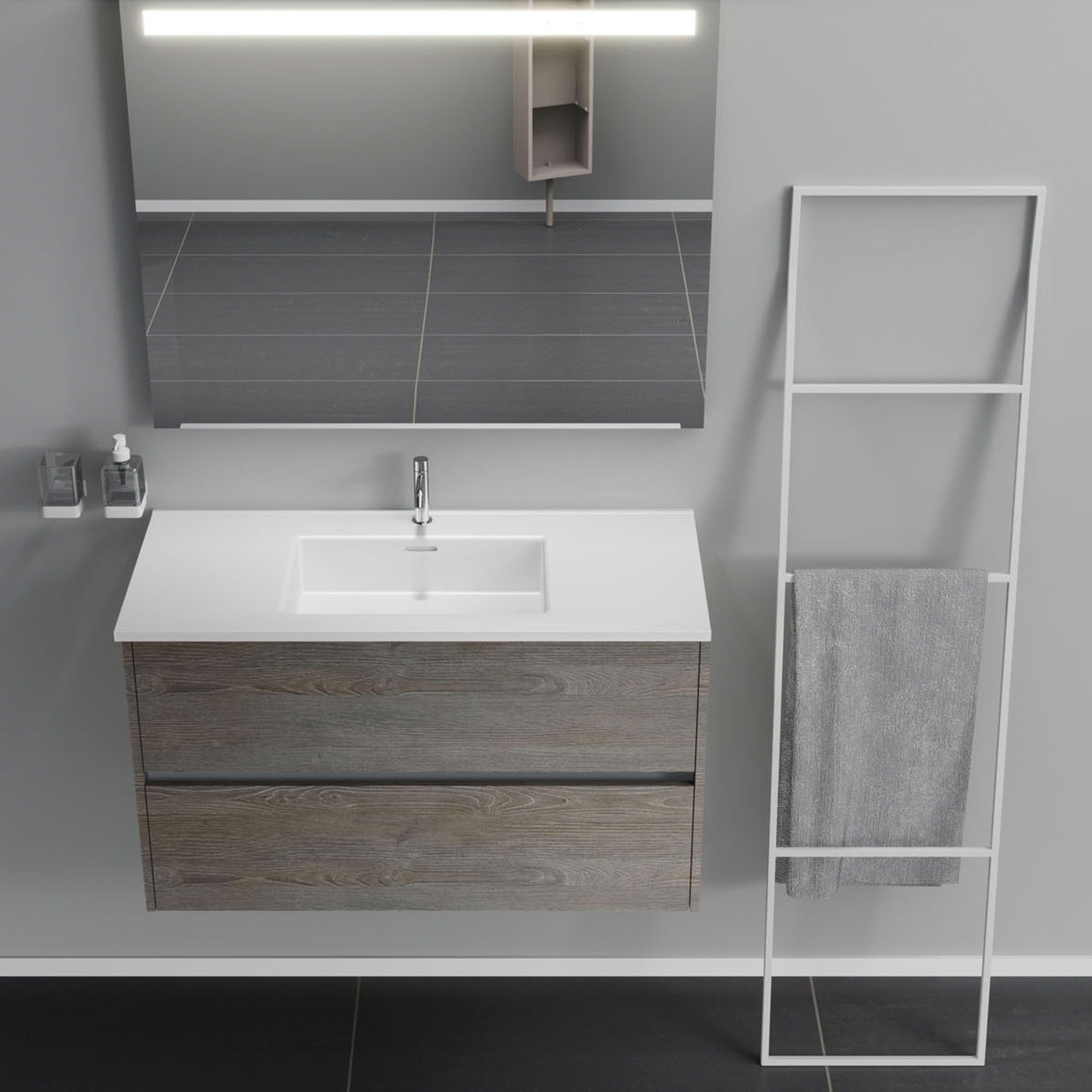 Inda - Mobile bagno 2 cassetti L.100 con lavabo specchio illuminato - Olmo fumè