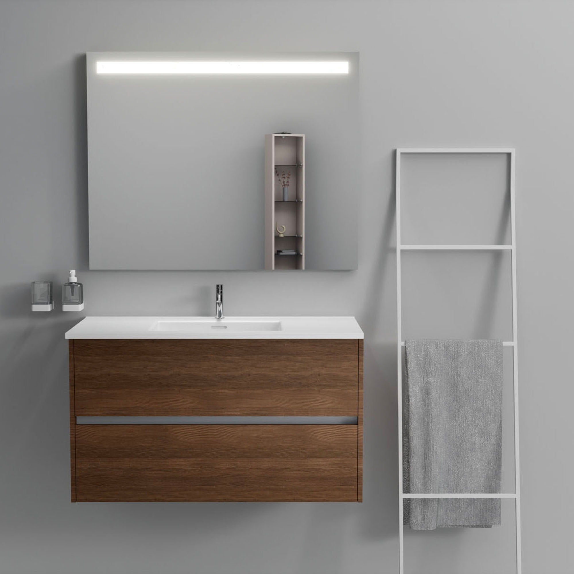 Inda - Mobile bagno 2 cassetti L.100 con lavabo specchio illuminato - Rovere castano
