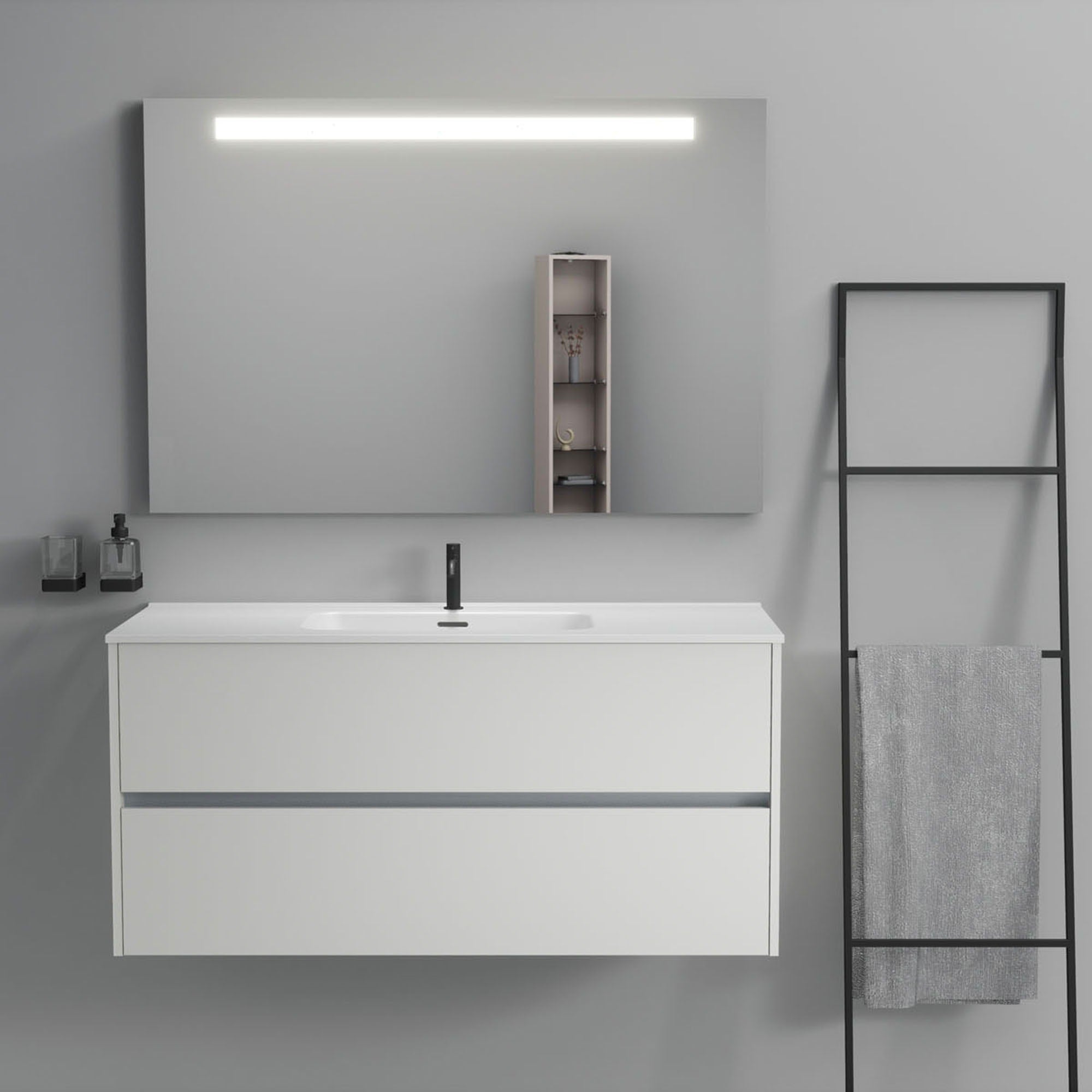Inda - Mobile bagno 2 cassetti L.120 con lavabo specchio illuminato - Bianco opaco