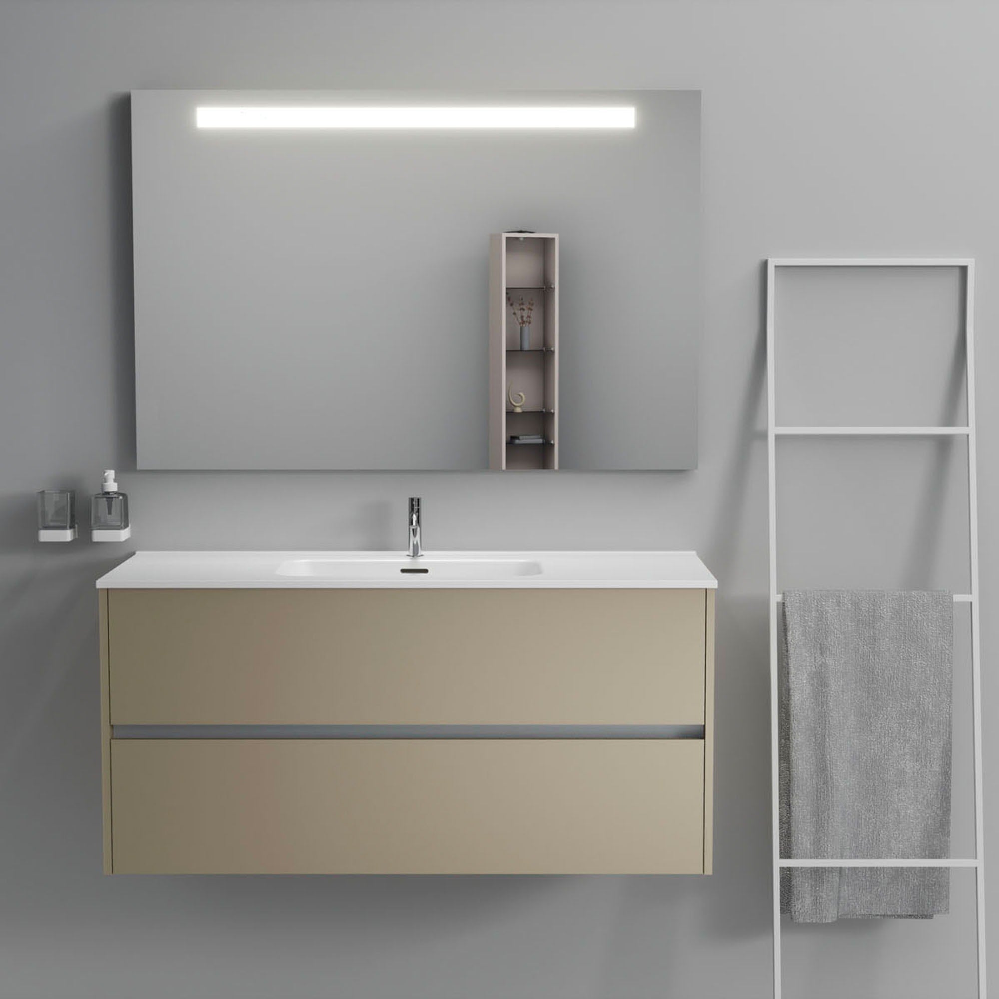 Inda - Mobile bagno 2 cassetti L.120 con lavabo specchio illuminato - Terra di luna opaco