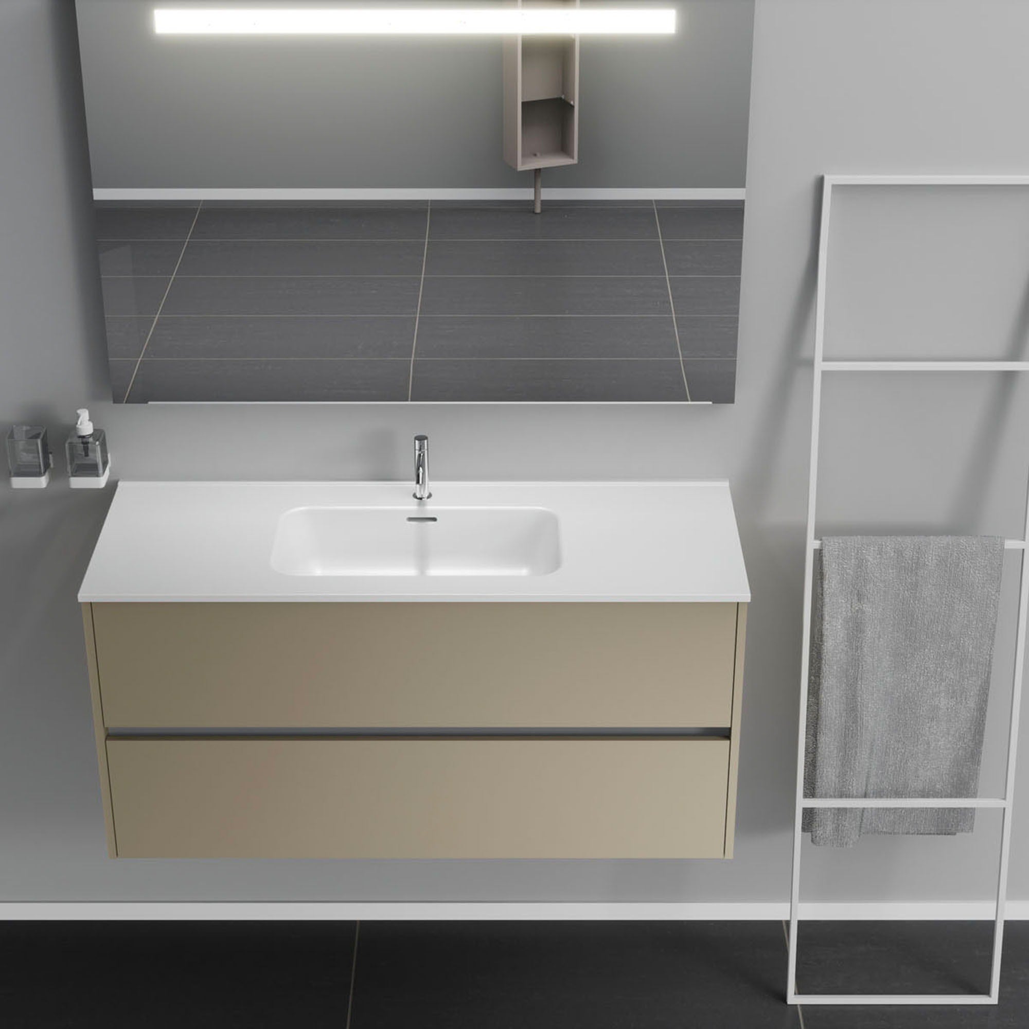 Inda - Mobile bagno 2 cassetti L.120 con lavabo specchio illuminato - Terra di luna opaco