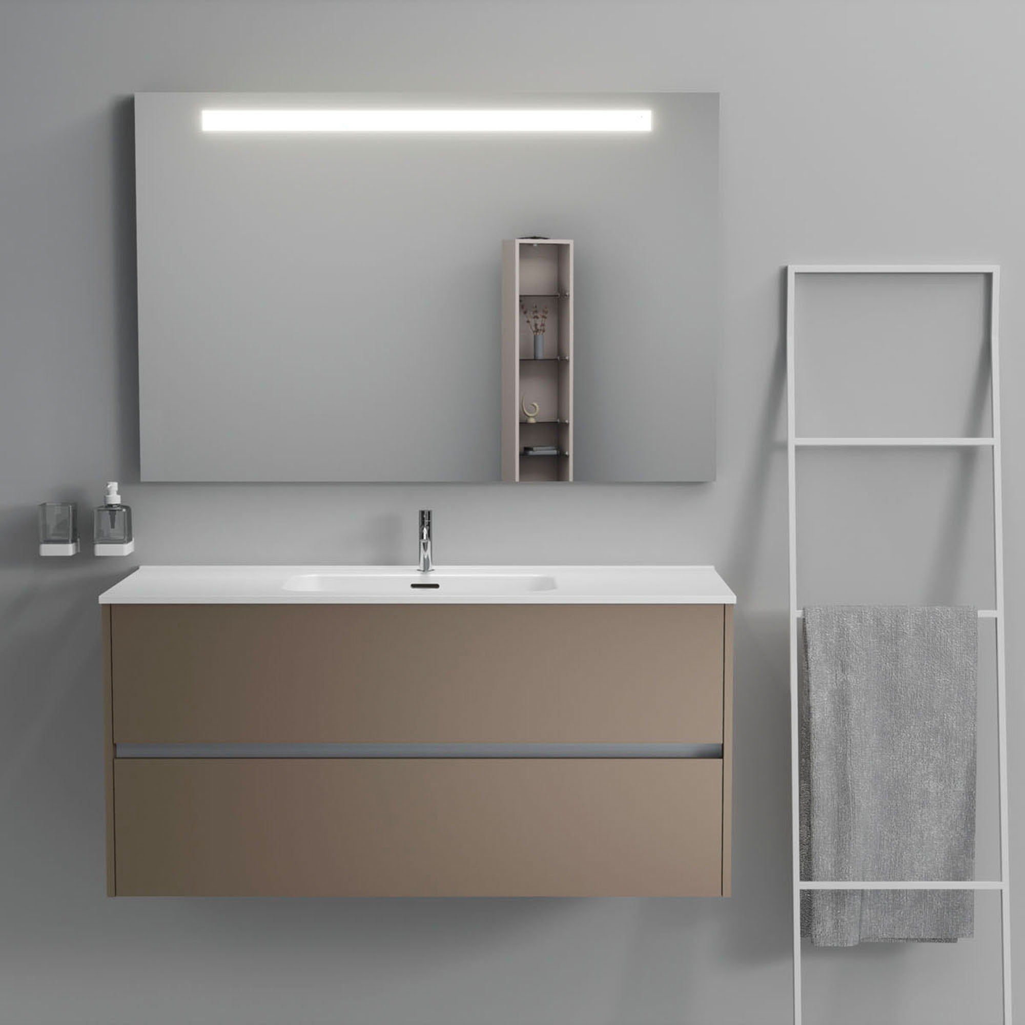Inda - Mobile bagno 2 cassetti L.120 con lavabo specchio illuminato - Visone opaco