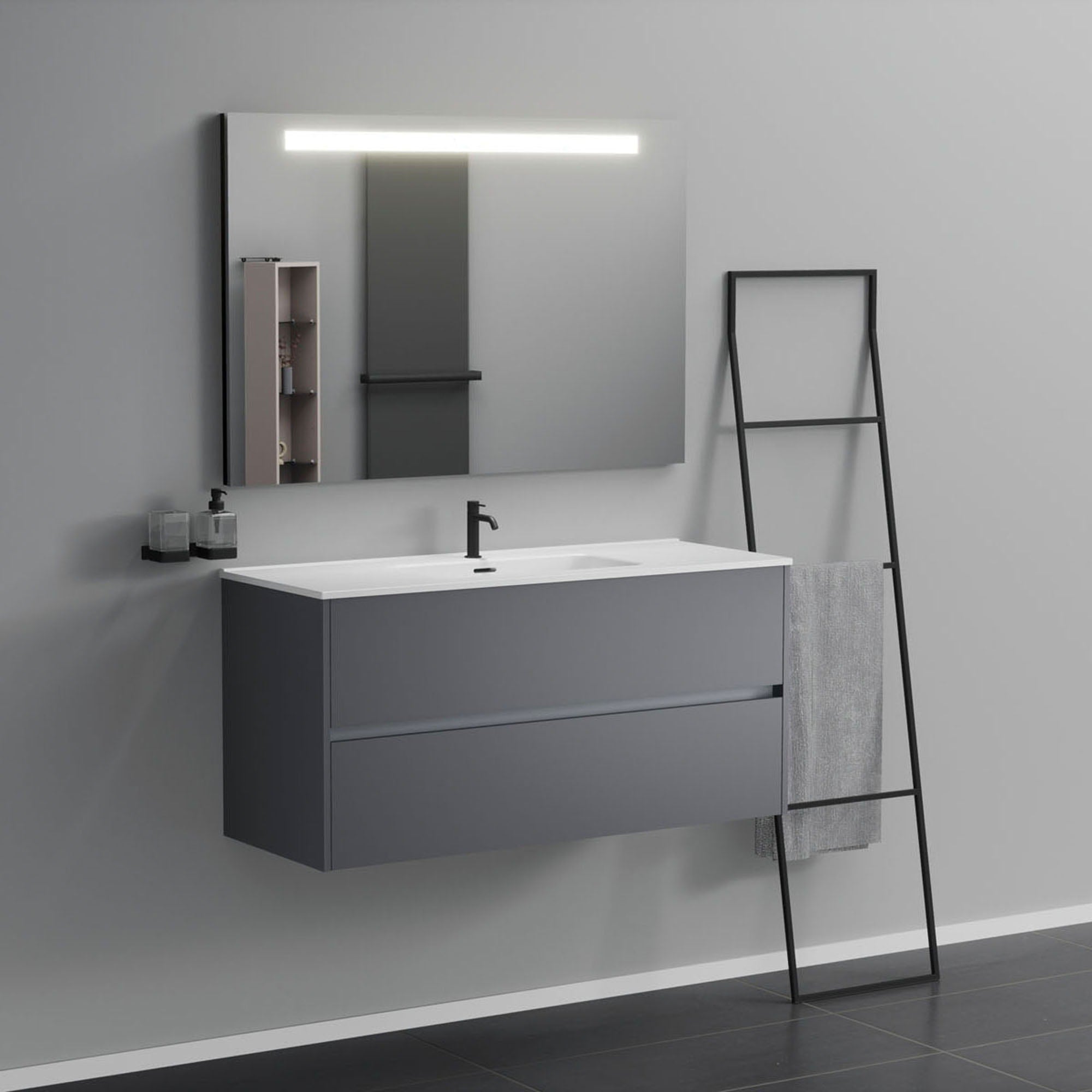 Inda - Mobile bagno 2 cassetti L.120 con lavabo specchio illuminato - Titanio opaco