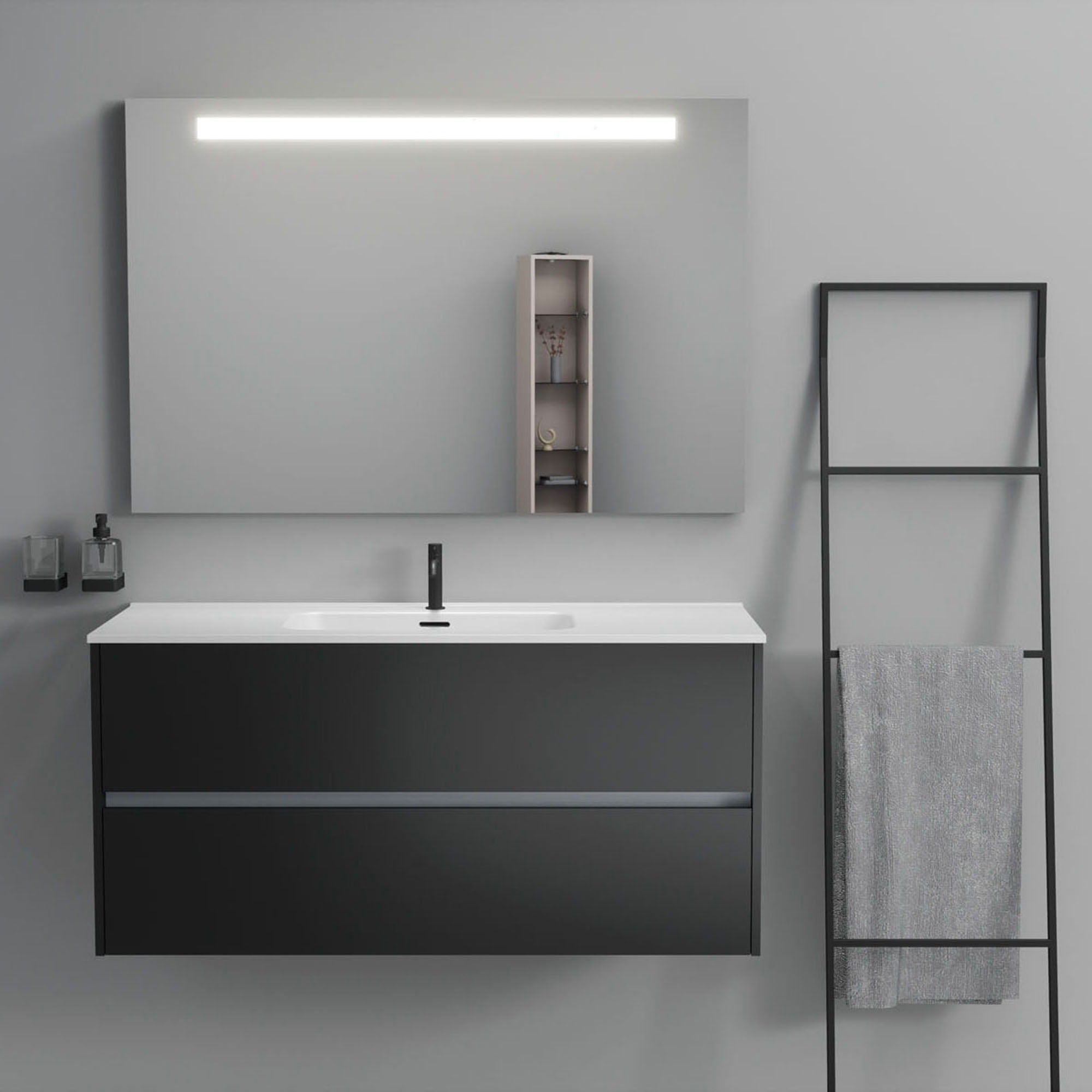 Inda - Mobile bagno 2 cassetti L.120 con lavabo specchio illuminato - Nero opaco