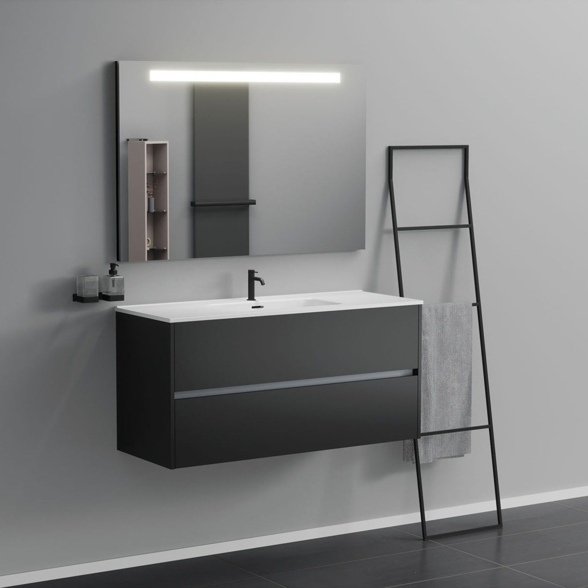 Inda - Mobile bagno 2 cassetti L.120 con lavabo specchio illuminato - Nero opaco