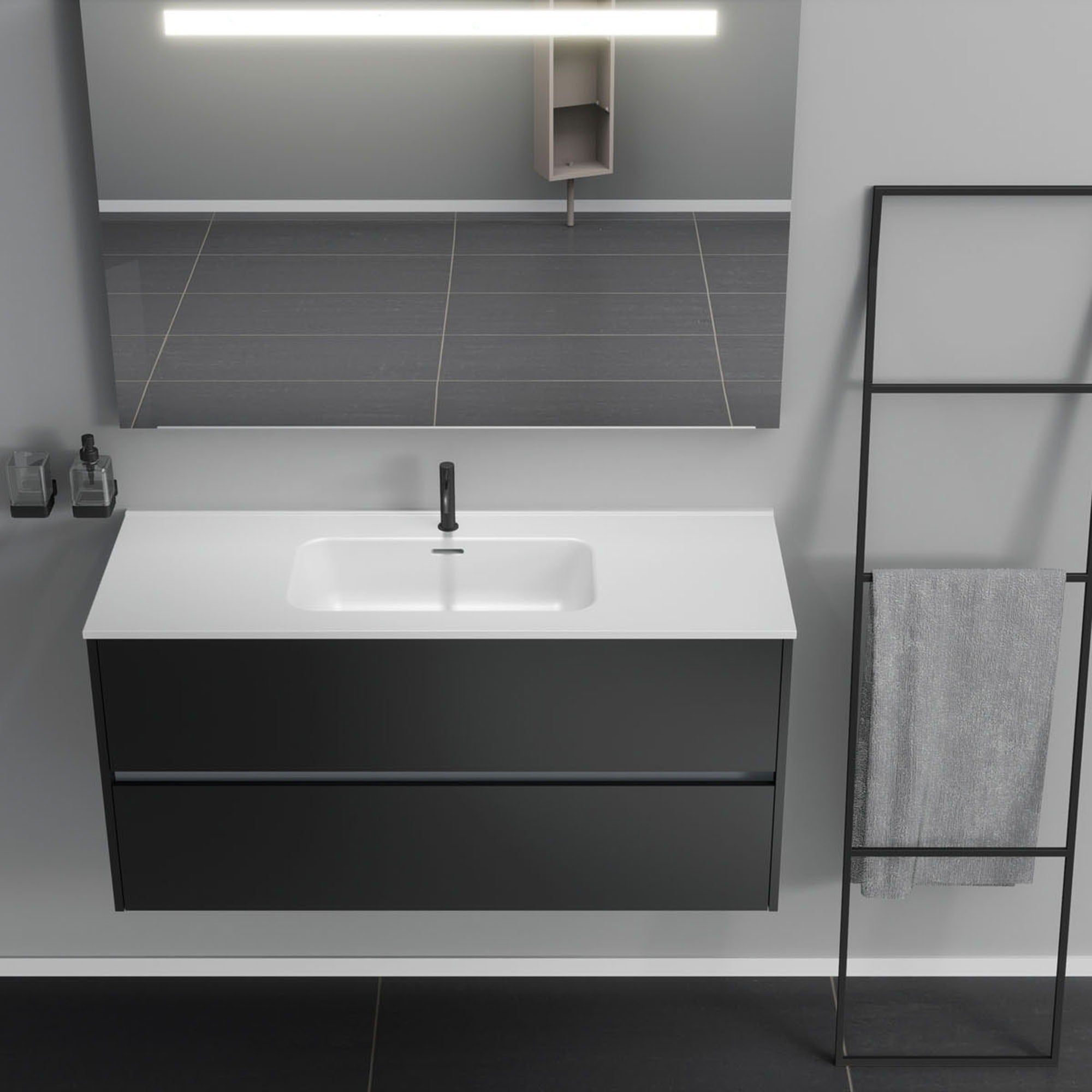 Inda - Mobile bagno 2 cassetti L.120 con lavabo specchio illuminato - Nero opaco