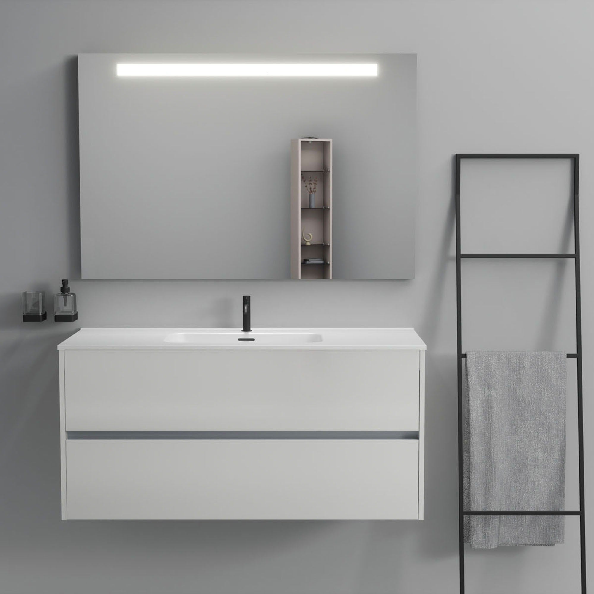 Inda - Mobile bagno 2 cassetti L.120 con lavabo specchio illuminato - Bianco lucido