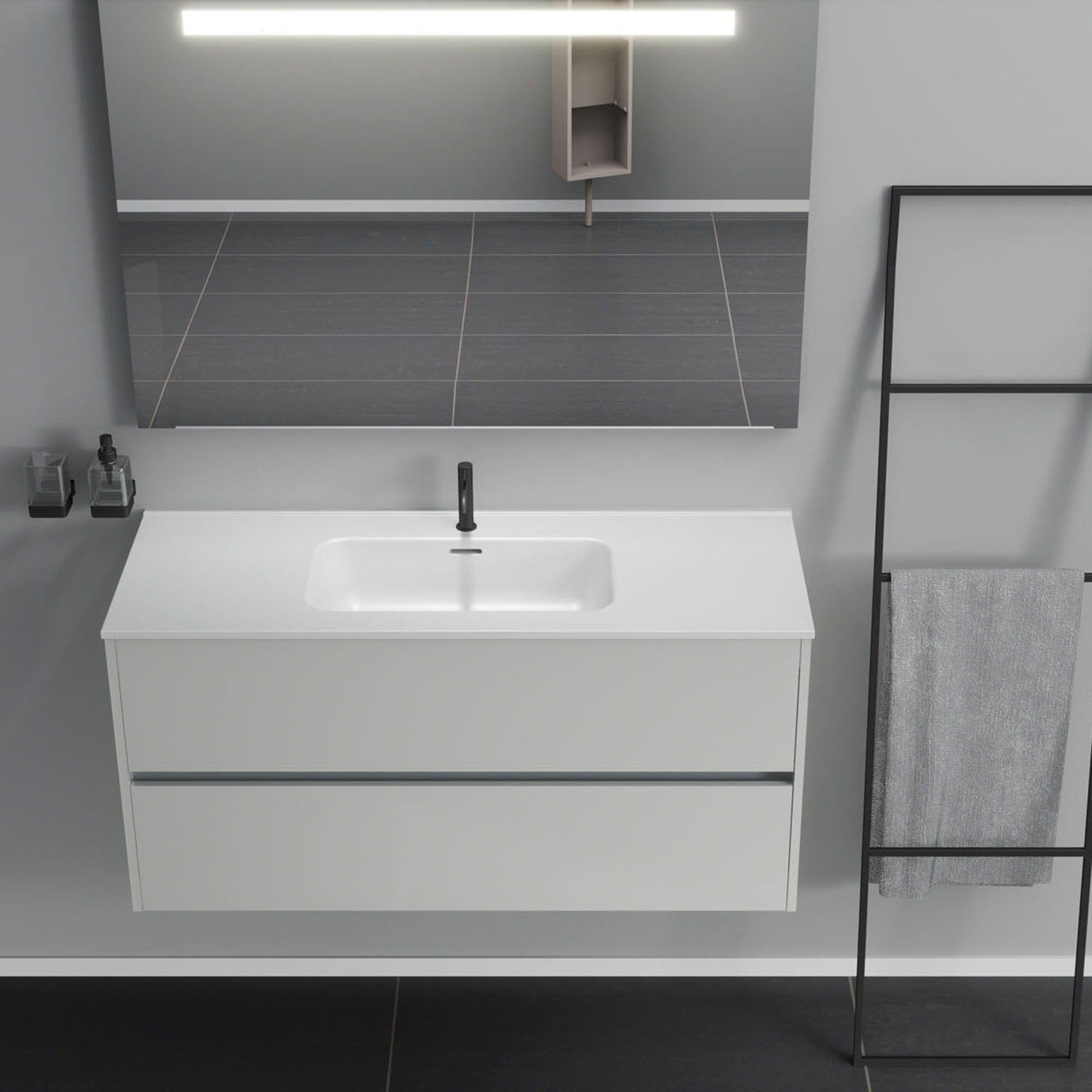 Inda - Mobile bagno 2 cassetti L.120 con lavabo specchio illuminato - Bianco lucido