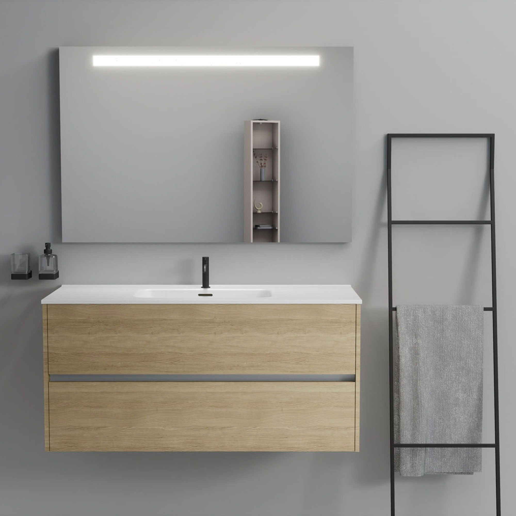 Inda - Mobile bagno 2 cassetti L.120 con lavabo specchio illuminato - Rovere naturale