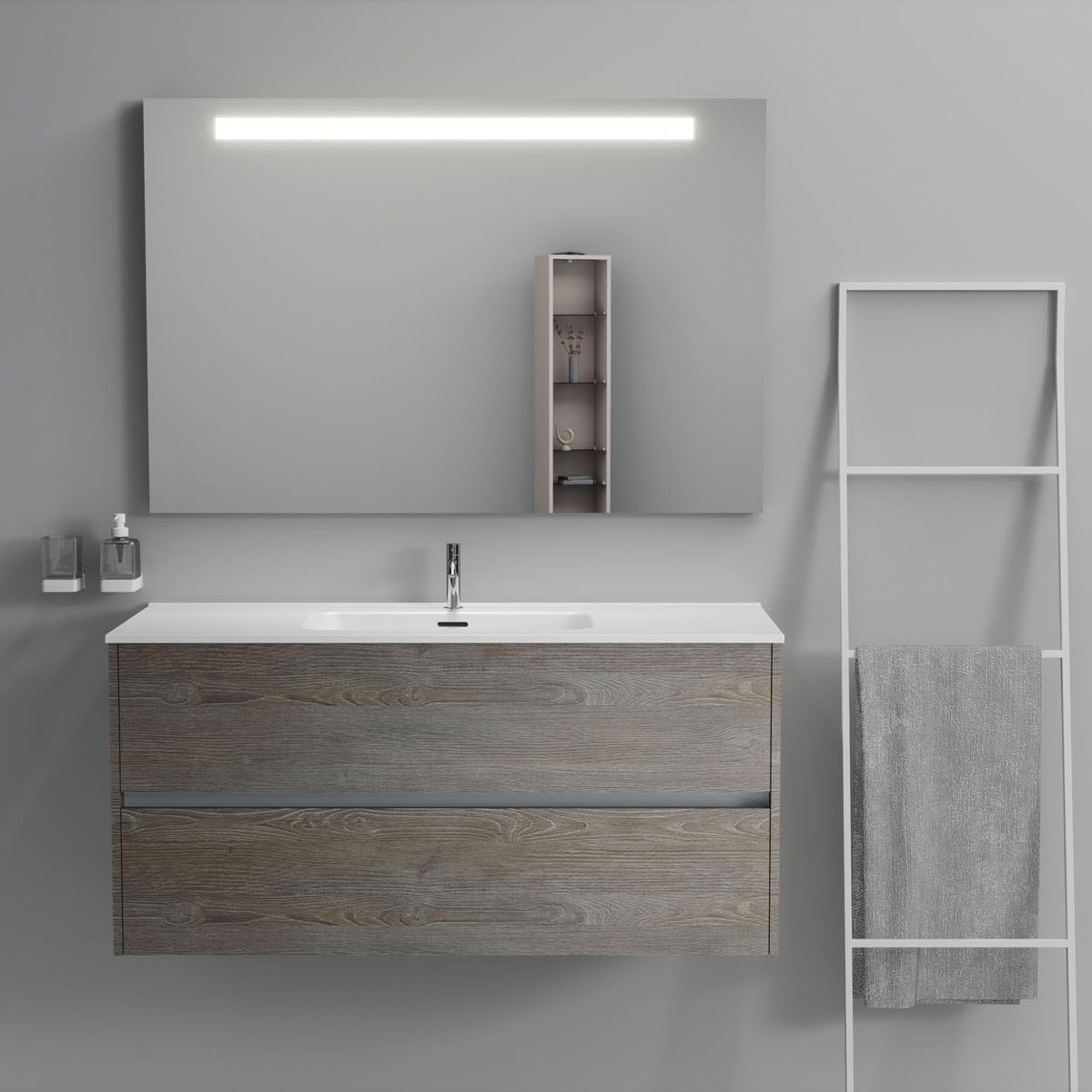 Inda - Mobile bagno 2 cassetti L.120 con lavabo specchio illuminato - Olmo fumè