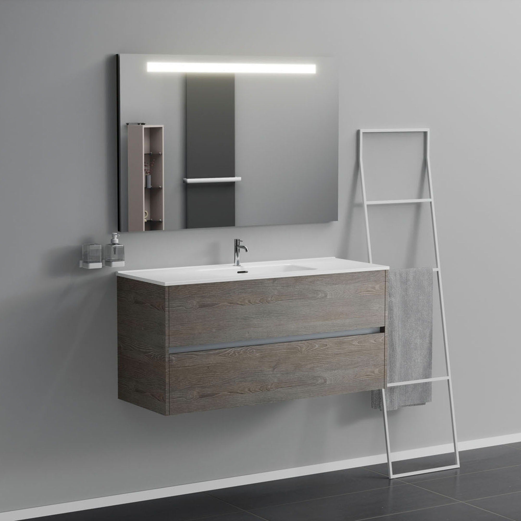 Inda - Mobile bagno 2 cassetti L.120 con lavabo specchio illuminato - Olmo fumè