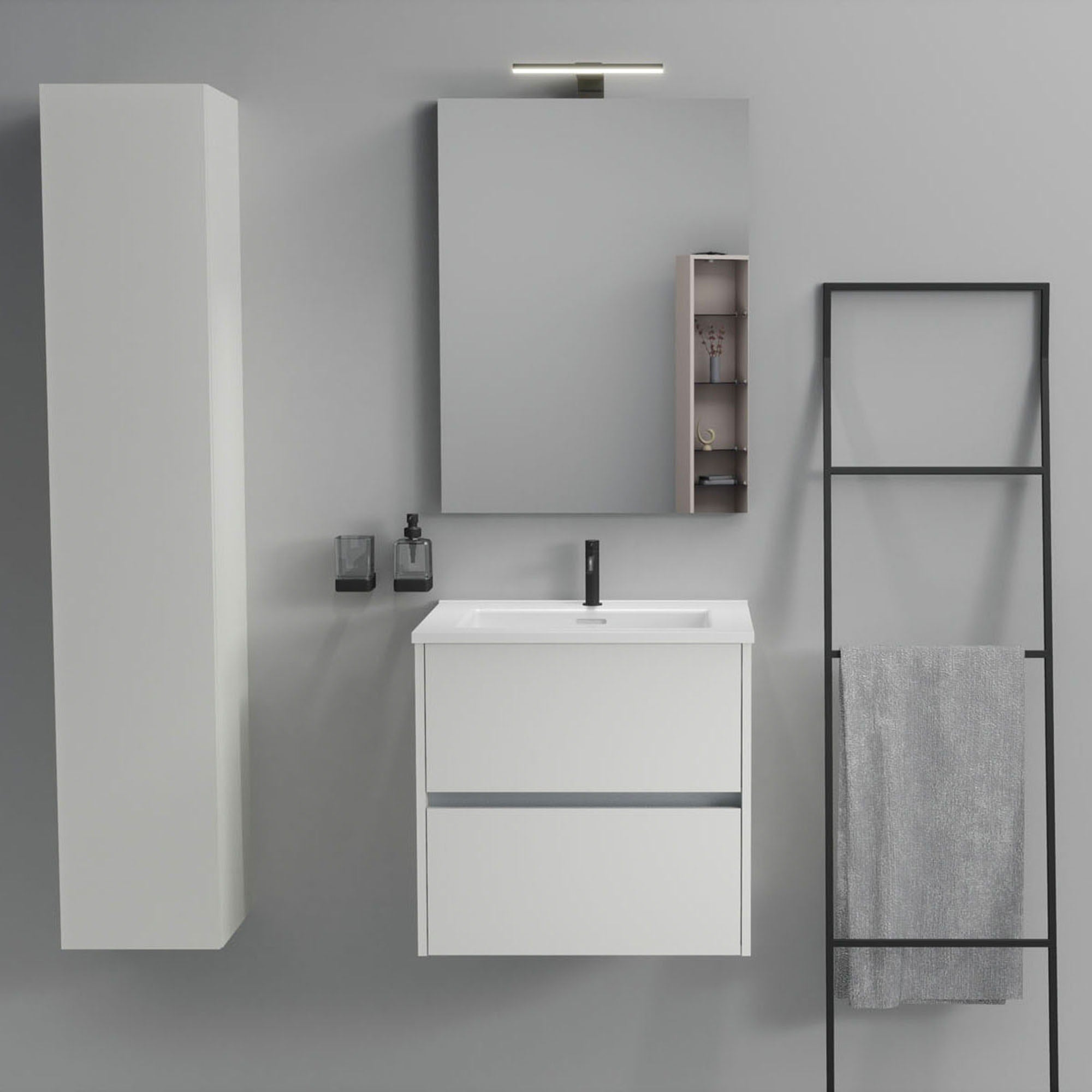 Inda - Mobile bagno 2 cassetti L.60 con lavabo specchio e lampada - Bianco opaco
