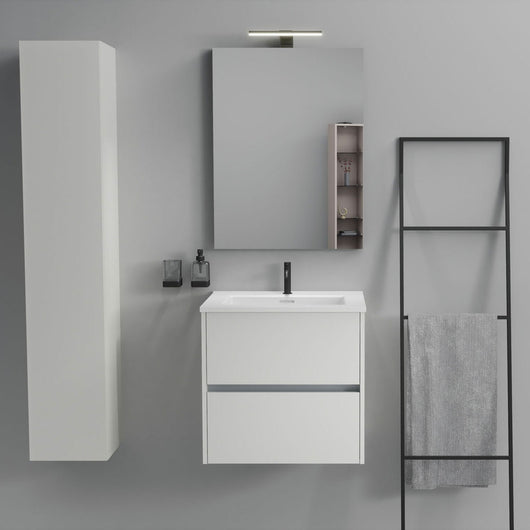 Inda - Mobile bagno 2 cassetti L.60 con lavabo specchio e lampada - Bianco opaco