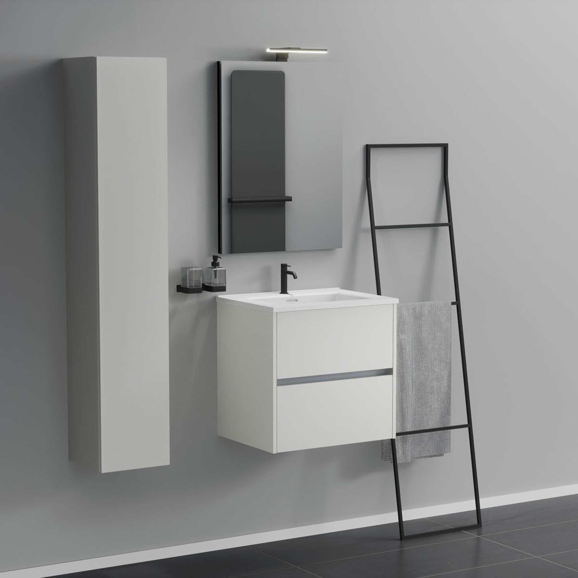 Inda - Mobile bagno 2 cassetti L.60 con lavabo specchio e lampada - Bianco opaco