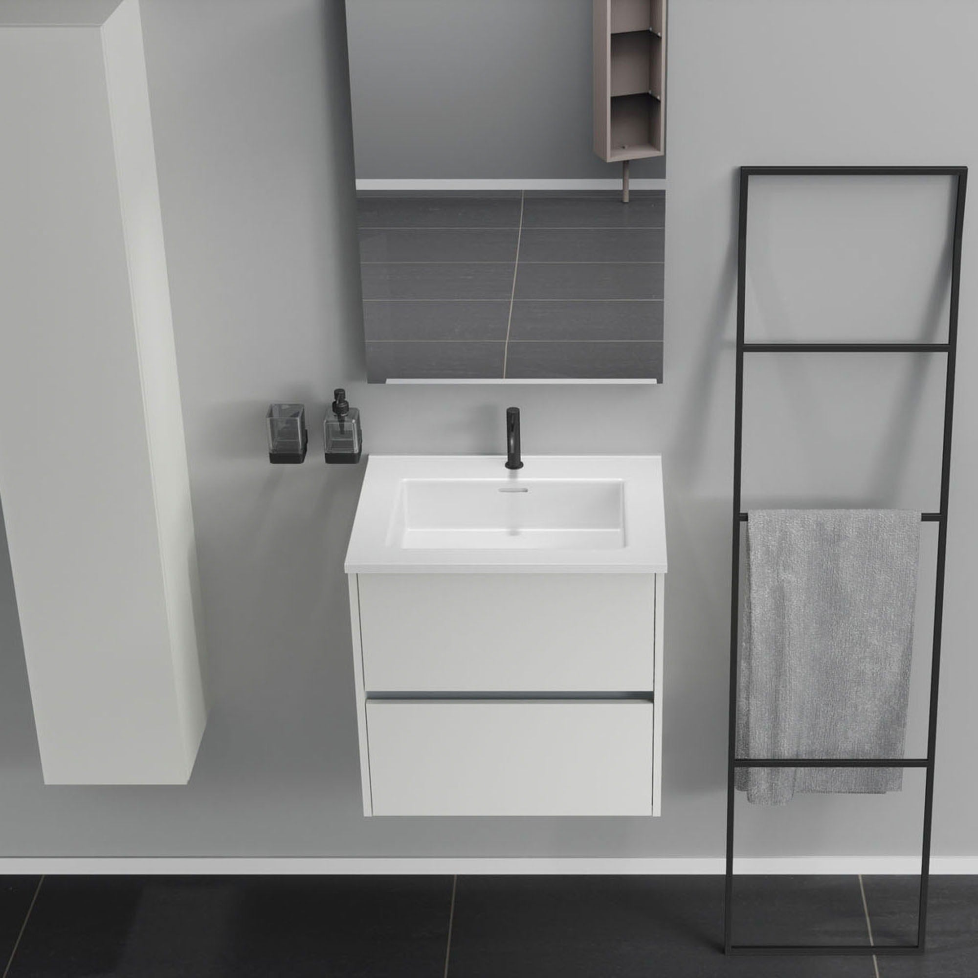 Inda - Mobile bagno 2 cassetti L.60 con lavabo specchio e lampada - Bianco opaco