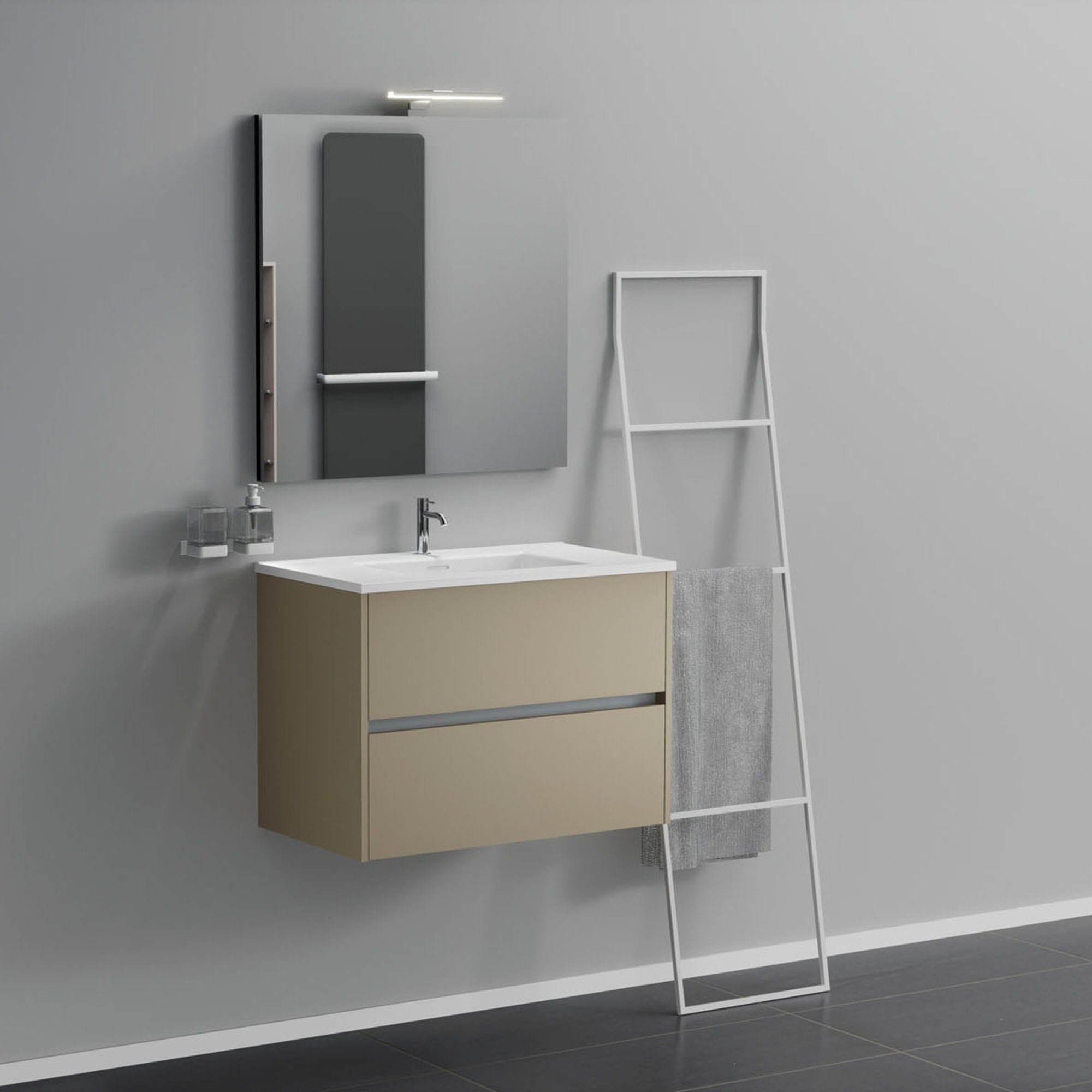 Inda - Mobile bagno 2 cassetti L.60 con lavabo specchio e lampada - Terra di luna opaco