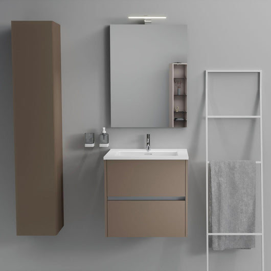 Inda - Mobile bagno 2 cassetti L.60 con lavabo specchio e lampada - Visone opaco