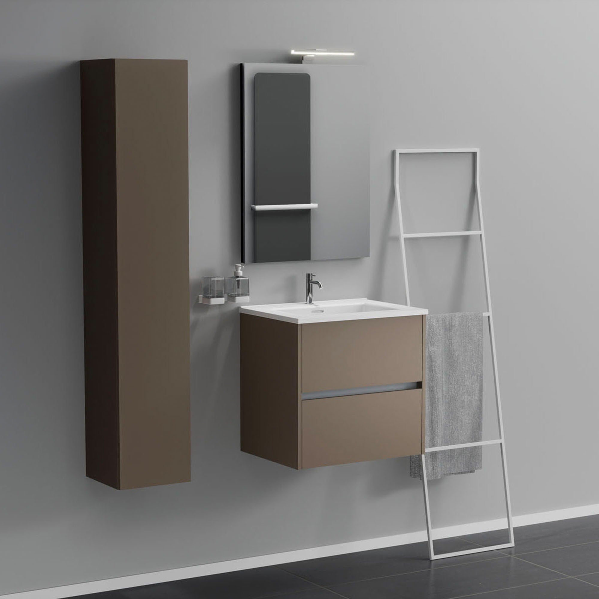 Inda - Mobile bagno 2 cassetti L.60 con lavabo specchio e lampada - Visone opaco