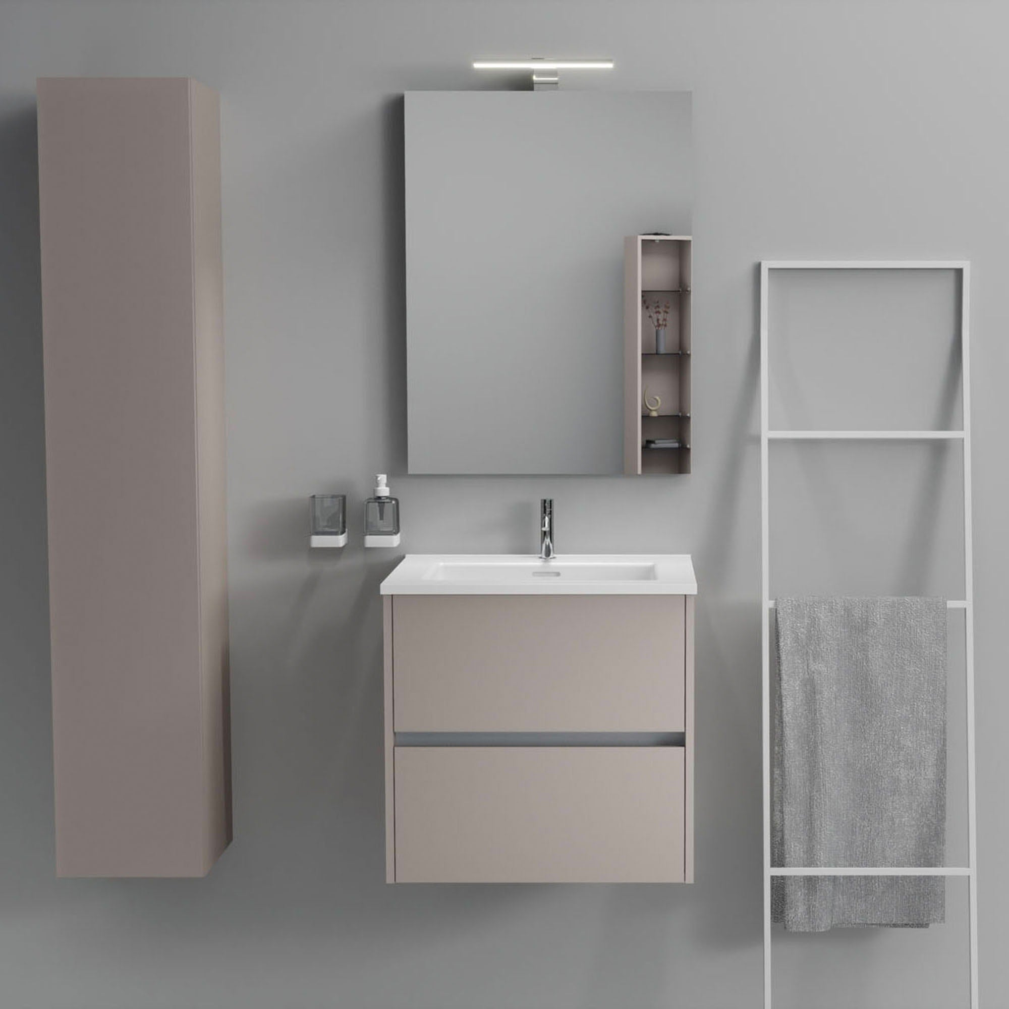 Inda - Mobile bagno 2 cassetti L.60 con lavabo specchio e lampada - Avorio opaco