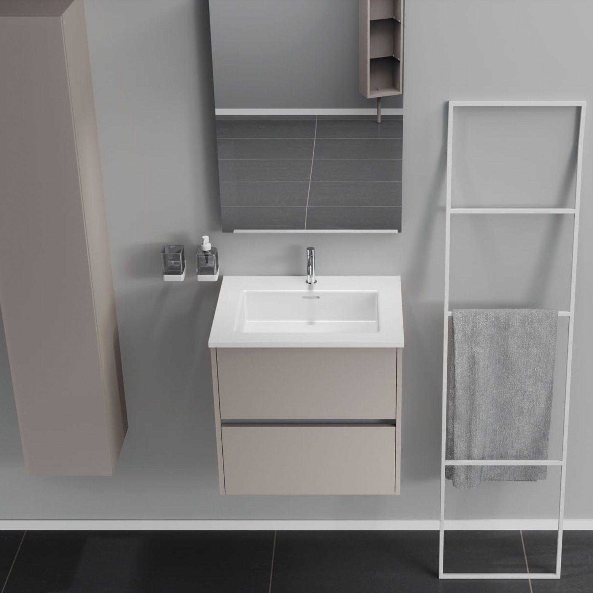 Inda - Mobile bagno 2 cassetti L.60 con lavabo specchio e lampada - Avorio opaco