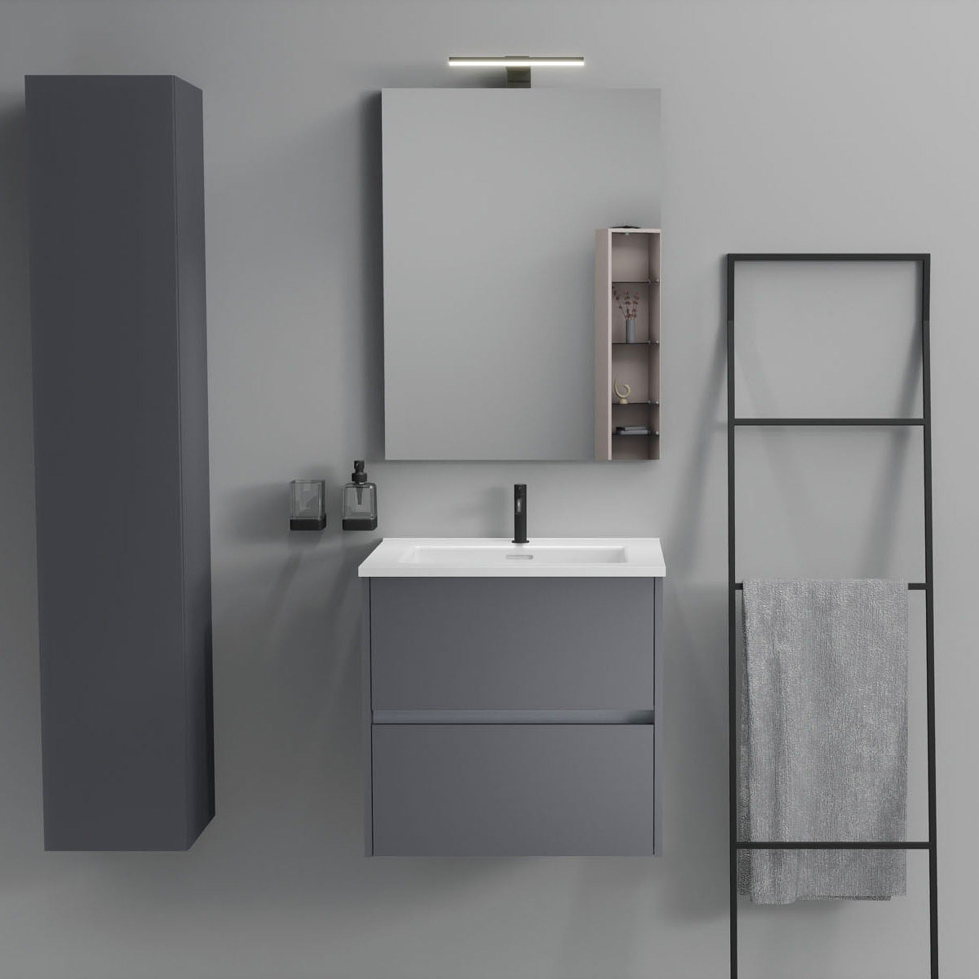 Inda - Mobile bagno 2 cassetti L.60 con lavabo specchio e lampada - Titanio opaco