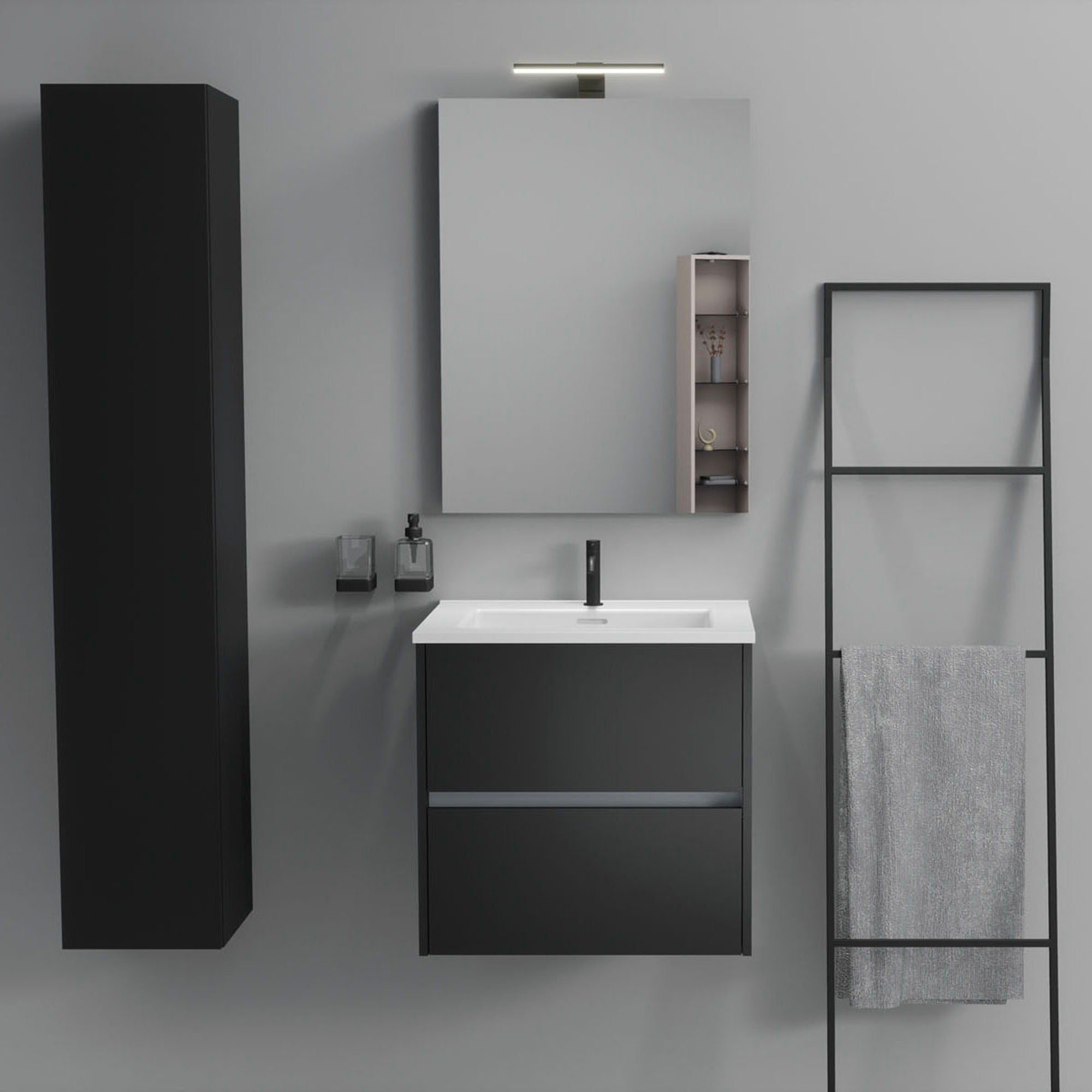 Inda - Mobile bagno 2 cassetti L.60 con lavabo specchio e lampada - Nero opaco