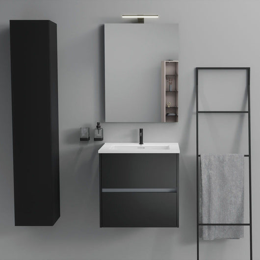 Inda - Mobile bagno 2 cassetti L.60 con lavabo specchio e lampada - Nero opaco