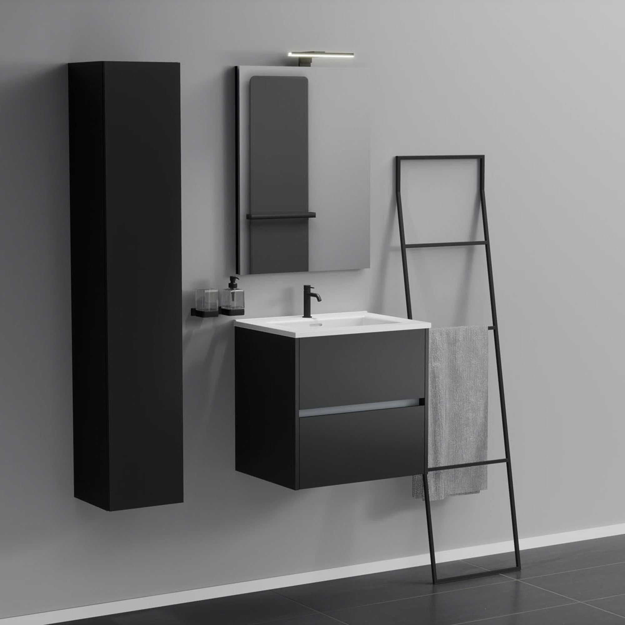 Inda - Mobile bagno 2 cassetti L.60 con lavabo specchio e lampada - Nero opaco