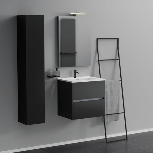 Inda - Mobile bagno 2 cassetti L.60 con lavabo specchio e lampada - Nero opaco