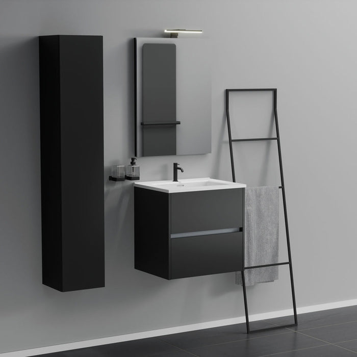 Inda - Mobile bagno 2 cassetti L.60 con lavabo specchio e lampada - Nero opaco