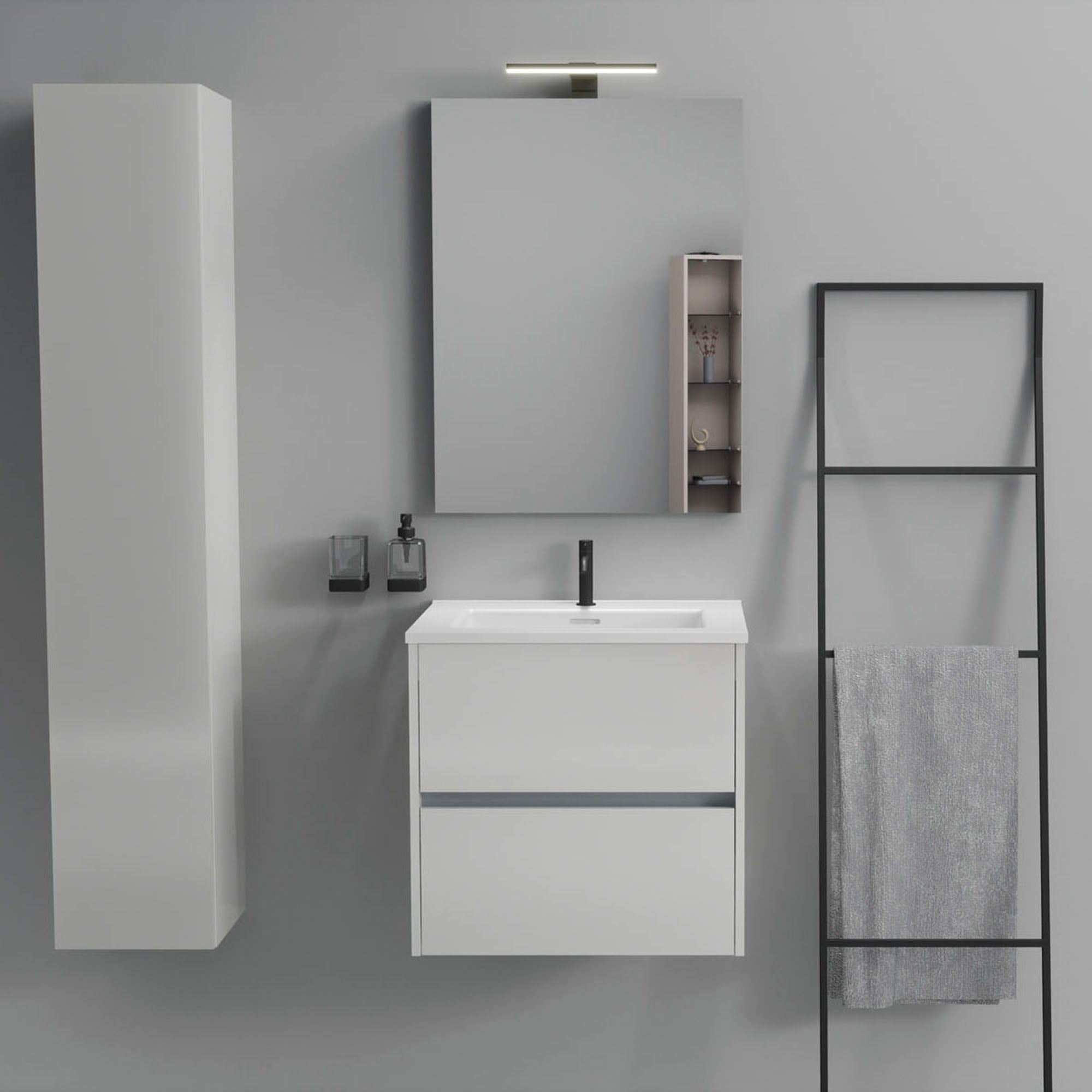 Inda - Mobile bagno 2 cassetti L.60 con lavabo specchio e lampada - Bianco lucido