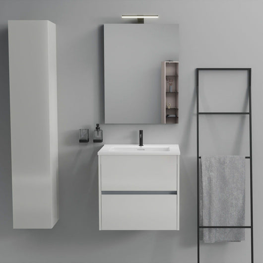 Inda - Mobile bagno 2 cassetti L.60 con lavabo specchio e lampada - Bianco lucido