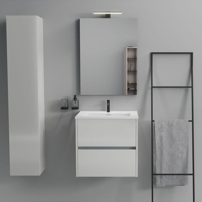 Inda - Mobile bagno 2 cassetti L.60 con lavabo specchio e lampada - Bianco lucido
