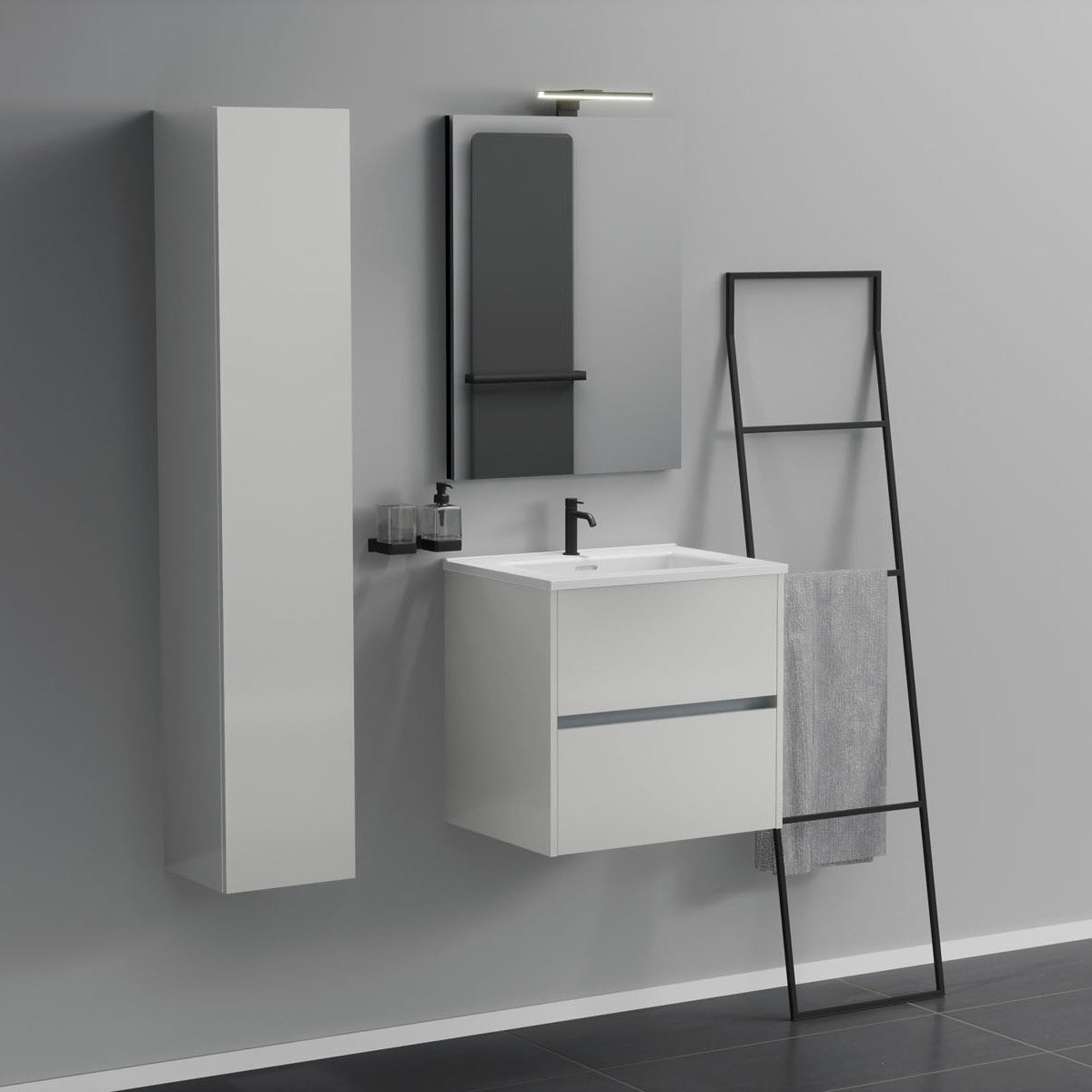 Inda - Mobile bagno 2 cassetti L.60 con lavabo specchio e lampada - Bianco lucido