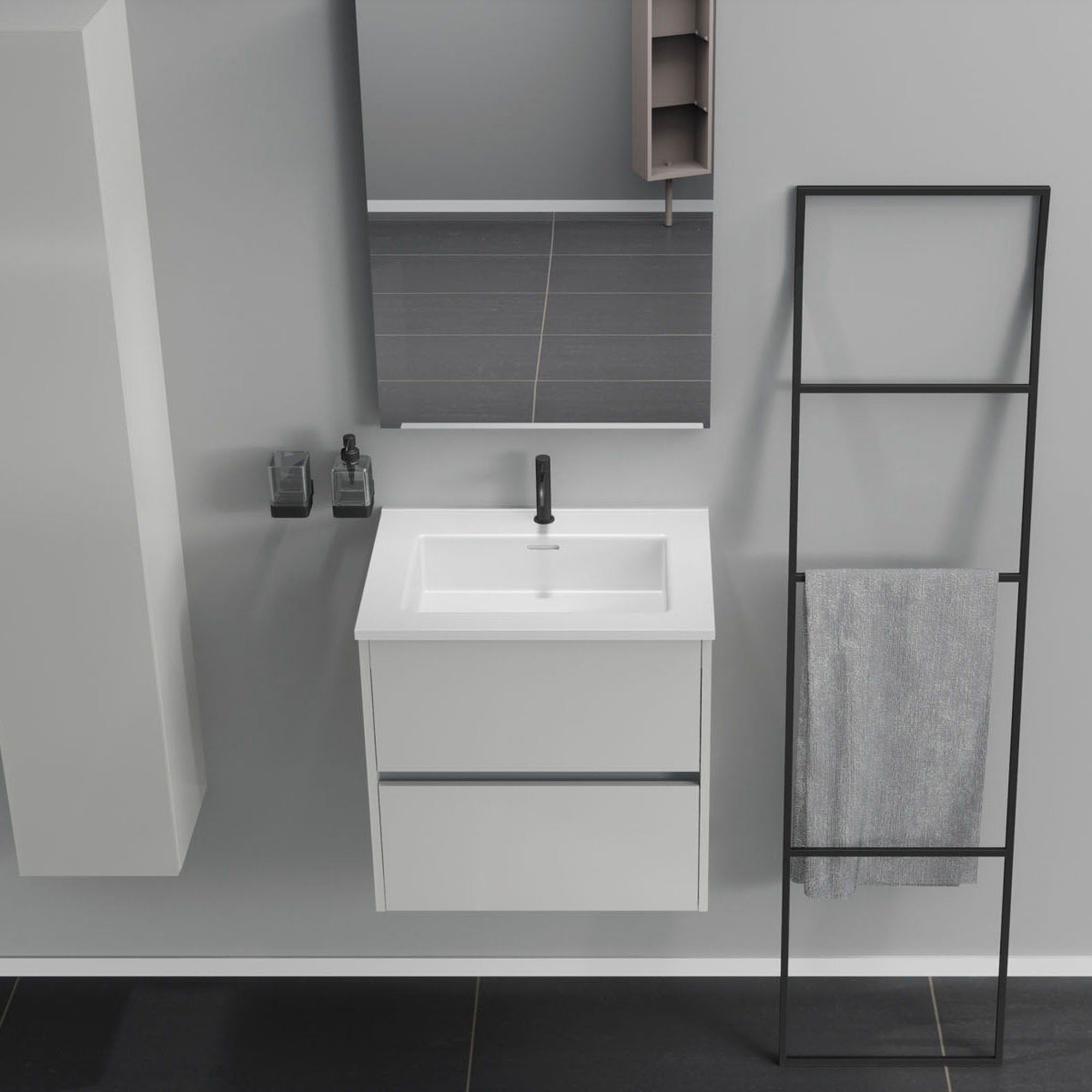 Inda - Mobile bagno 2 cassetti L.60 con lavabo specchio e lampada - Bianco lucido