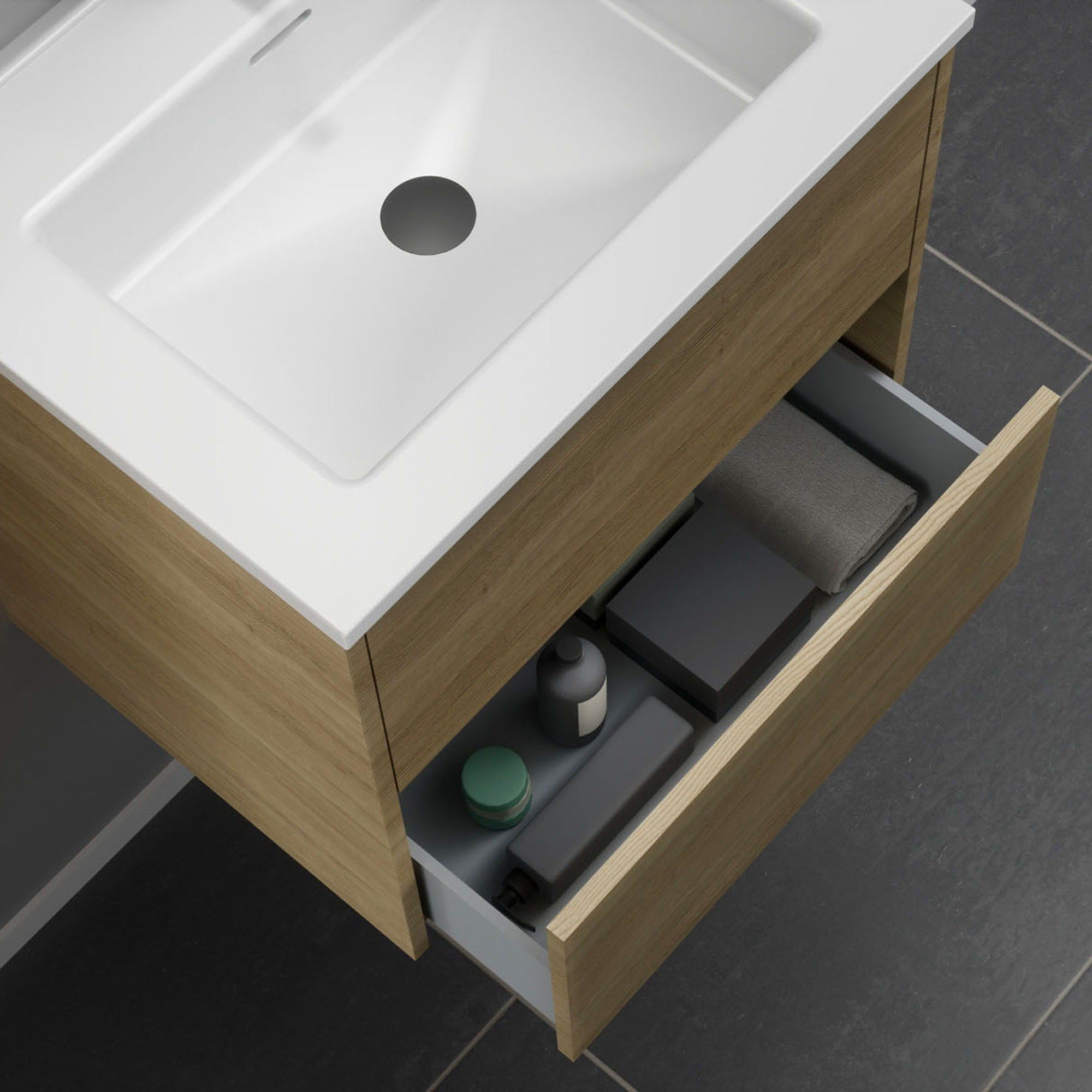 Inda - Mobile bagno 2 cassetti L.60 con lavabo specchio e lampada - Rovere naturale