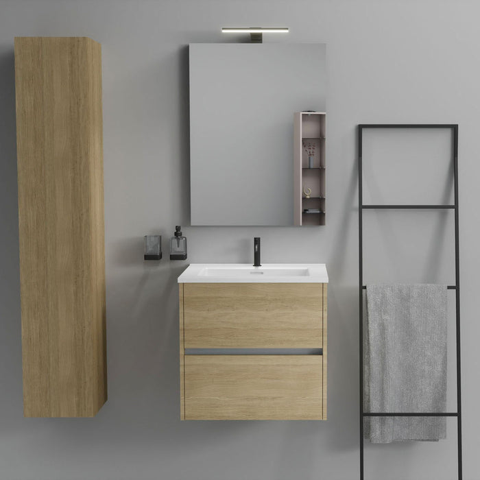 Inda - Mobile bagno 2 cassetti L.60 con lavabo specchio e lampada - Rovere naturale