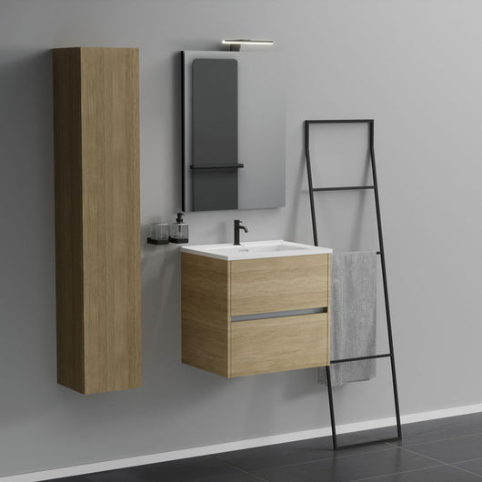 Inda - Mobile bagno 2 cassetti L.60 con lavabo specchio e lampada - Rovere naturale